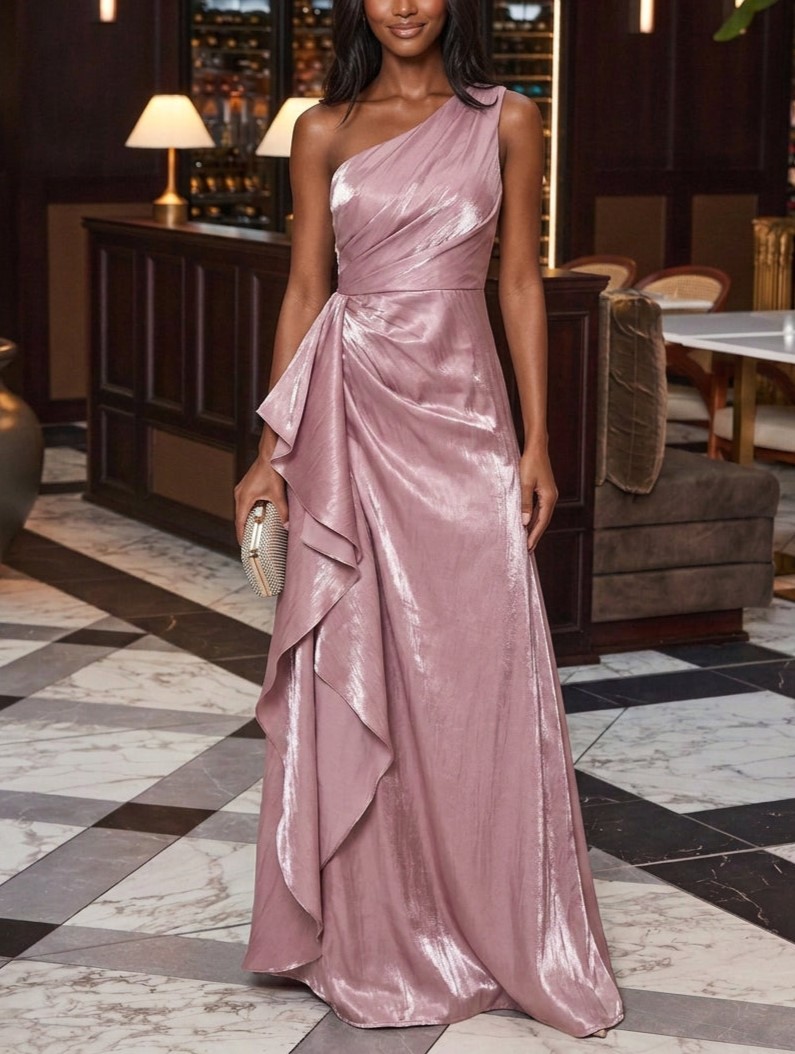 Rose Pink One Shoulder Ruffle Metallic Maxi Dress