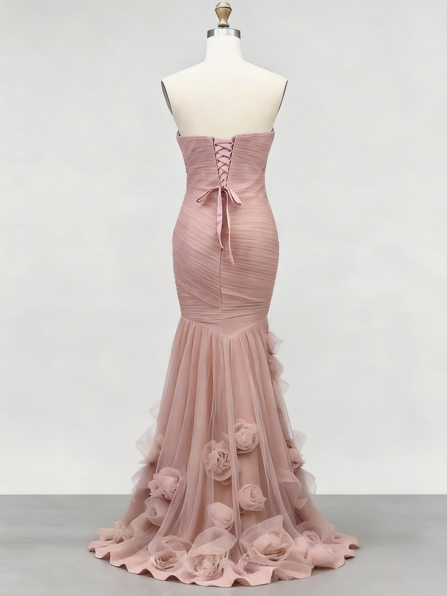 Pink 3D Floral Ruched Tulle Strapless Sleeveless Mermaid Maxi Dress