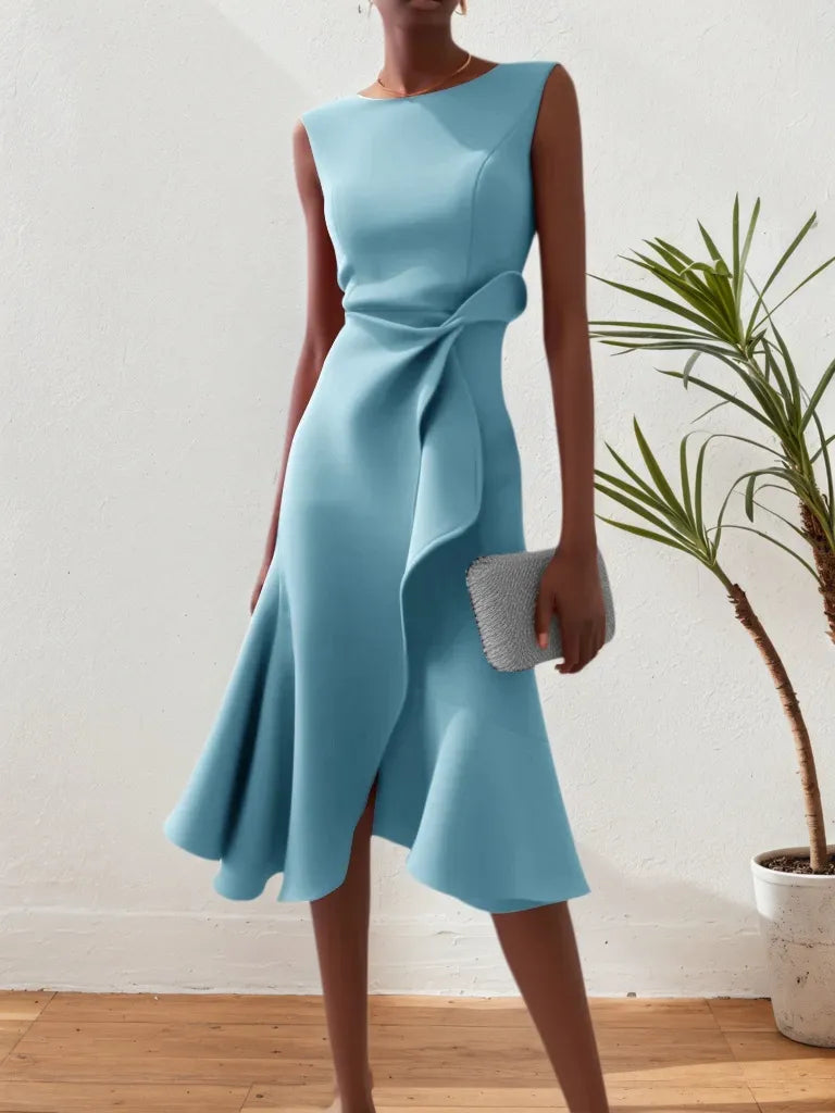 Light Blue Waist Twist Ruffled Sleeveless A-Line Midi Dress
