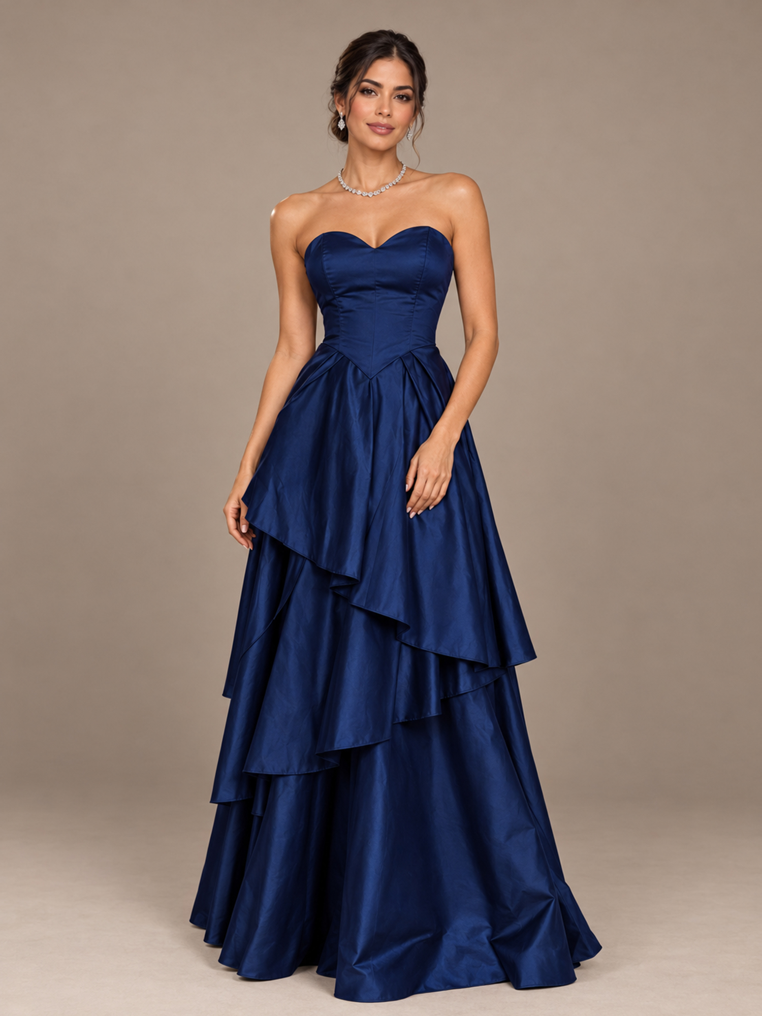 Navy Blue Strapless Sweetheart Tiered Ruffle A-Line Maxi Dress