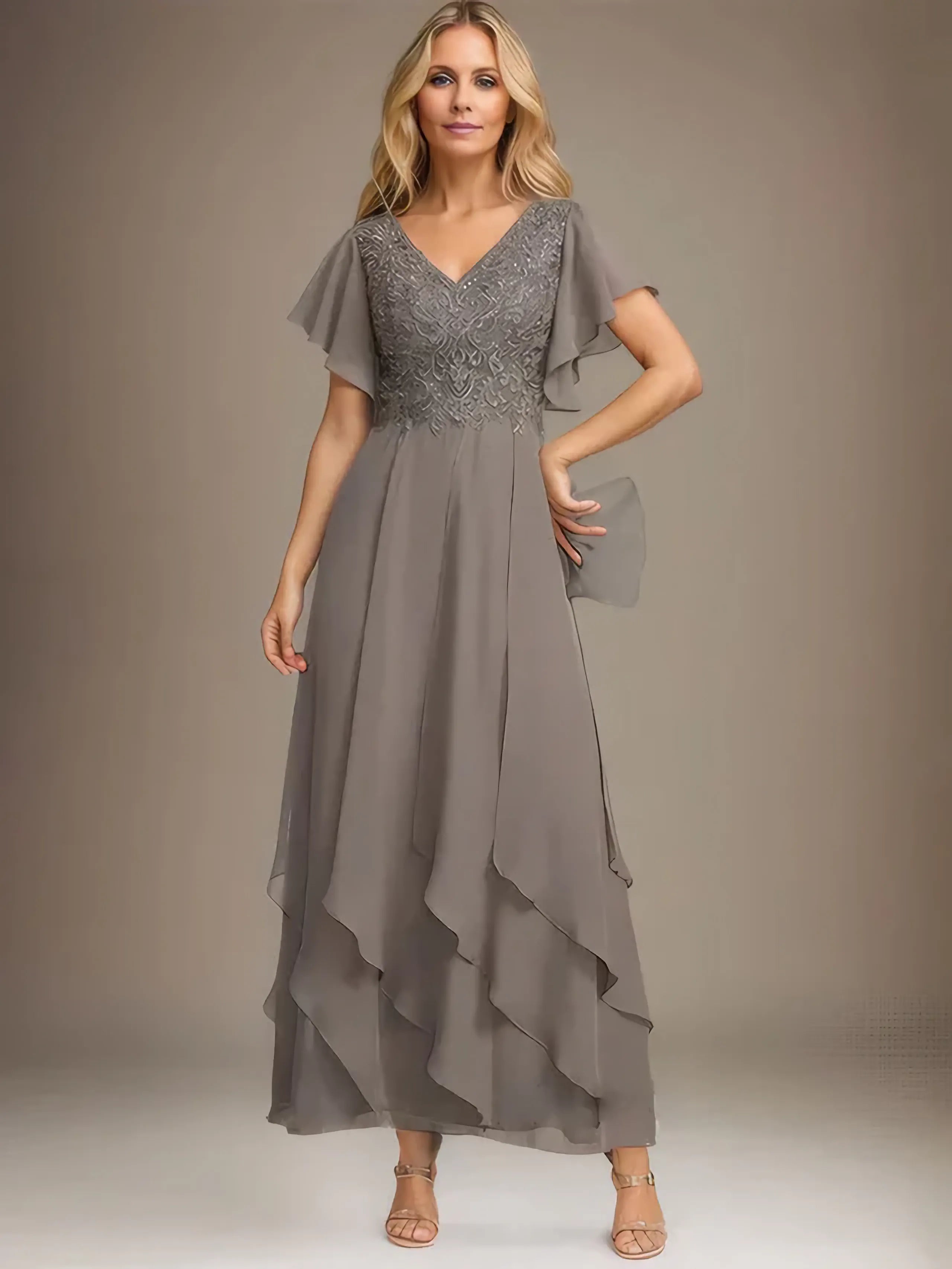 A-line V-Neck Ankle-Length Lace Chiffon Mother of the Bride Dress With Cascading Ruffles