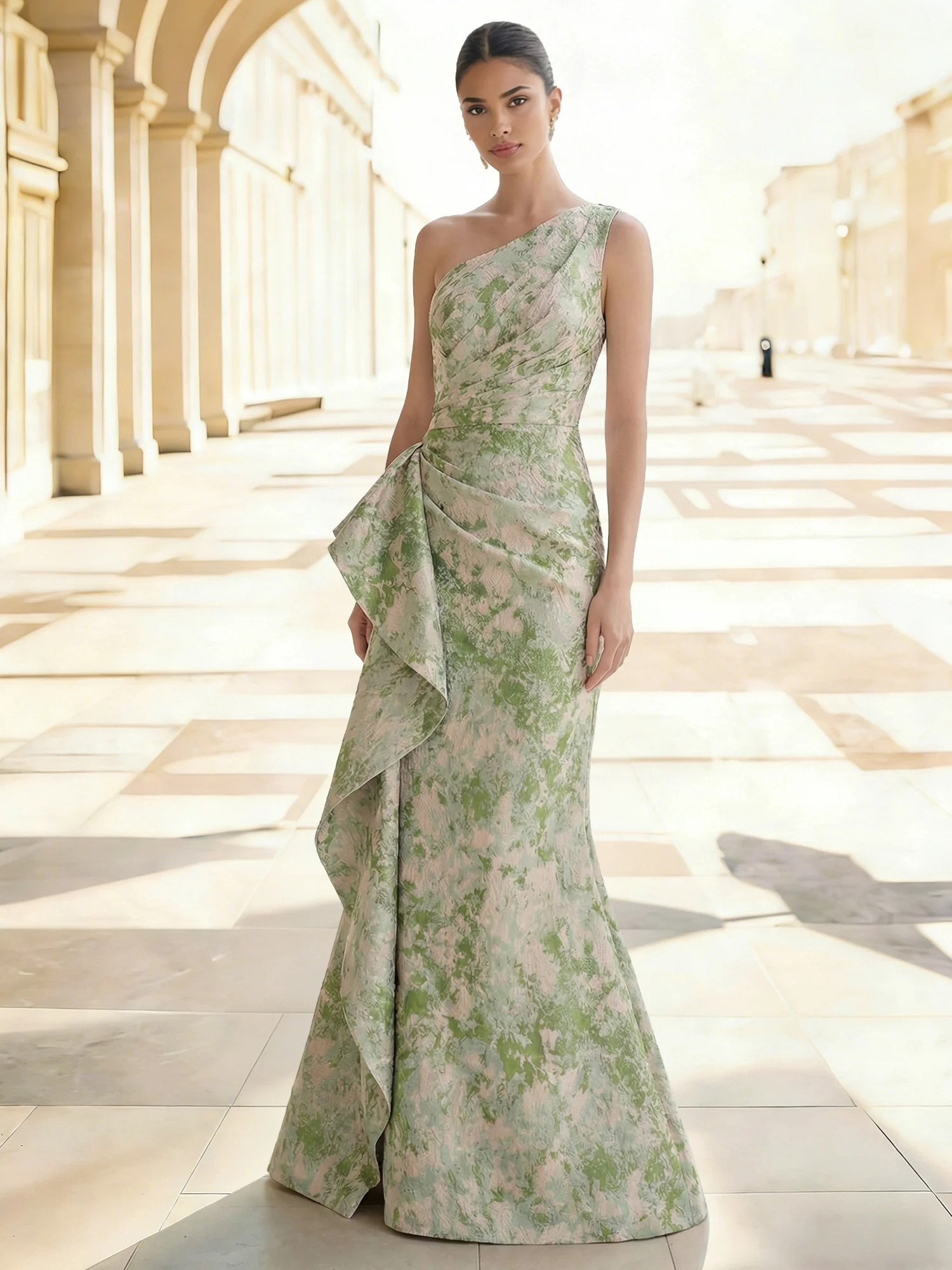Jacquard Floral One Shoulder Ruffle Maxi Dress