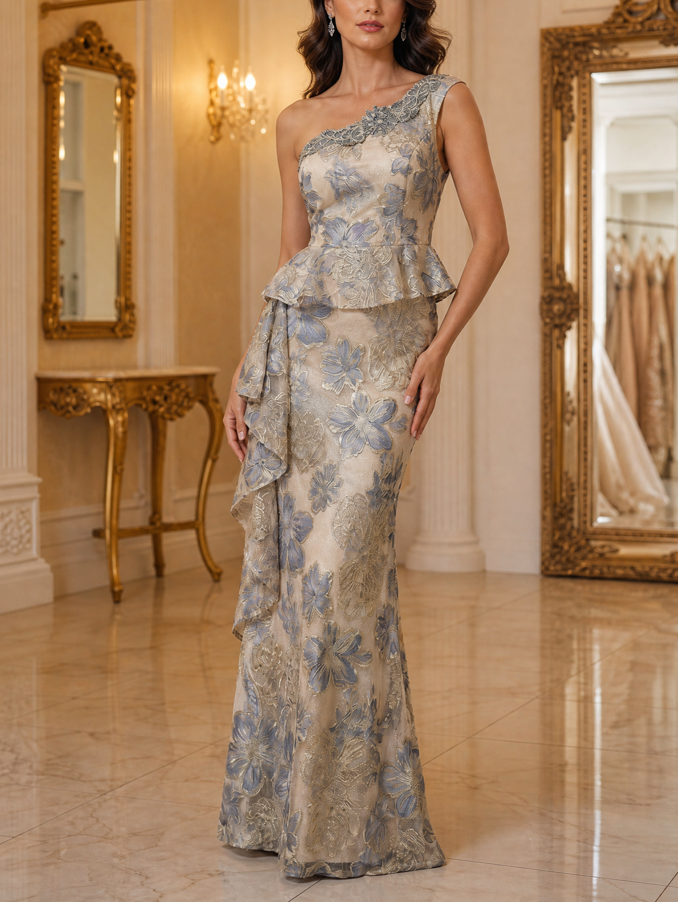 Dusty Blue Gold One‑Shoulder Peplum Floral Jacquard Mermaid Maxi Dress
