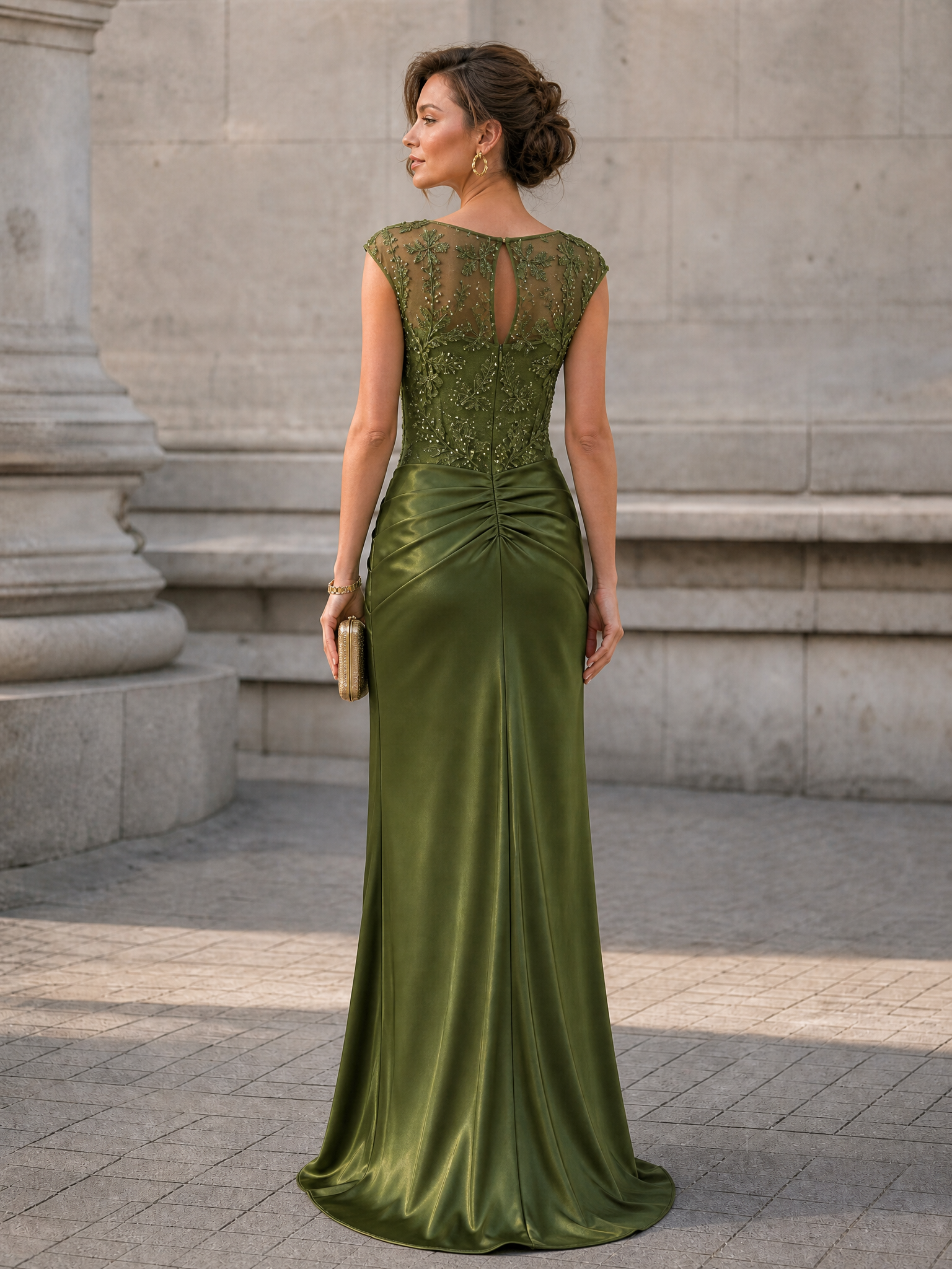 Olive Green Boat Neck Sleeveless Beaded Mermaid Maxi Dress