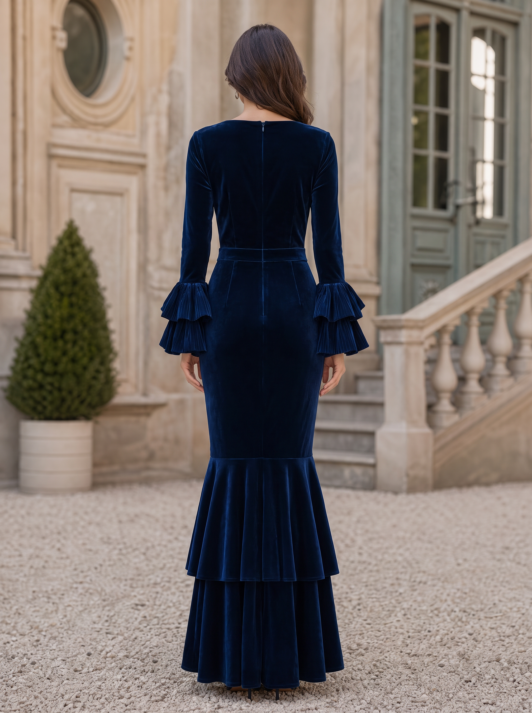 Navy Blue Velvet Long Sleeve Ruffle Mermaid Maxi Dress
