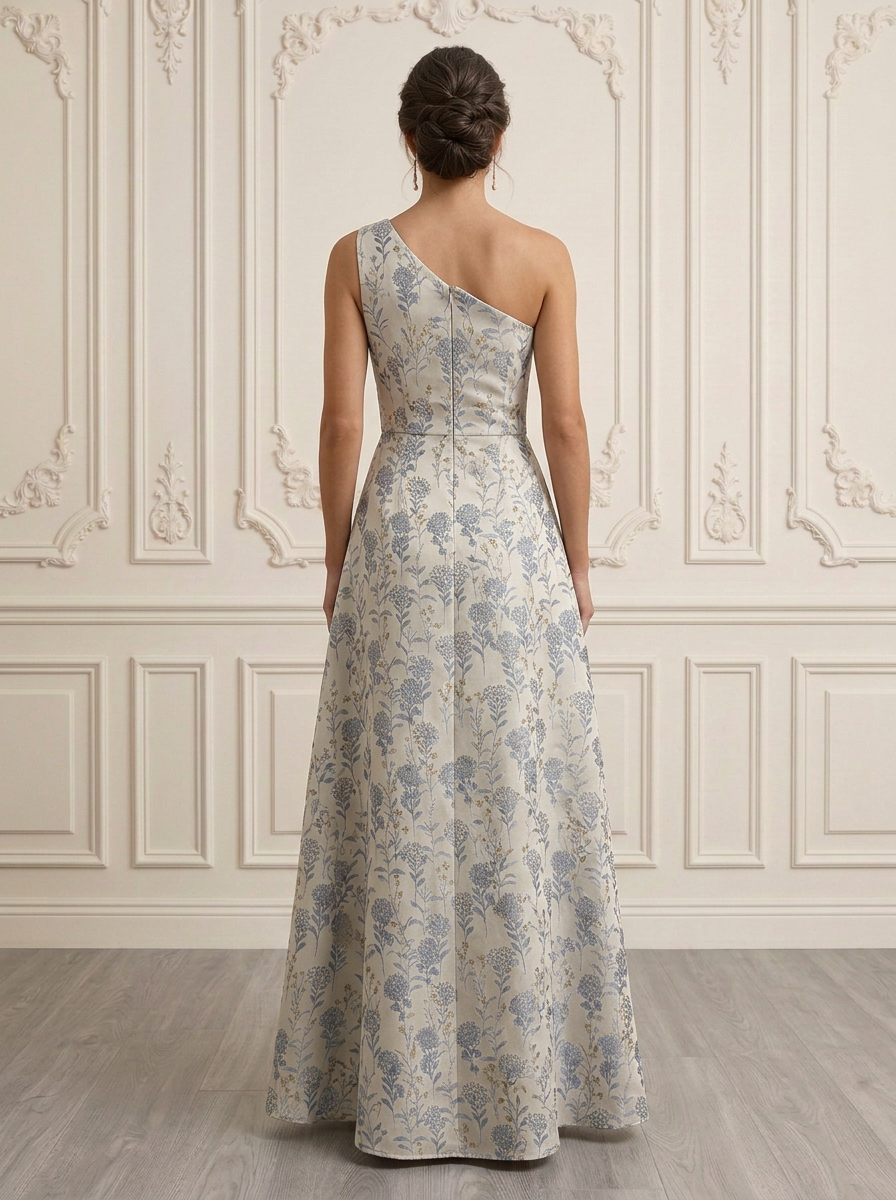 Dusty Blue One-Shoulder Sleeveless Floral Jacquard Asymmetric Ruffle A-Line Maxi Dress
