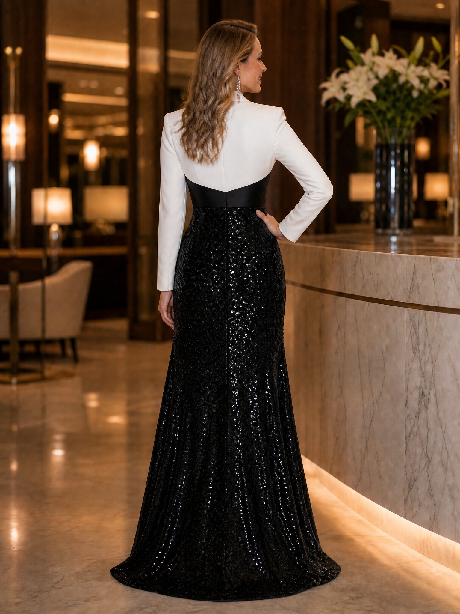 Black & White Lapel-Collar Sequined High-Slit Mermaid Maxi Dress