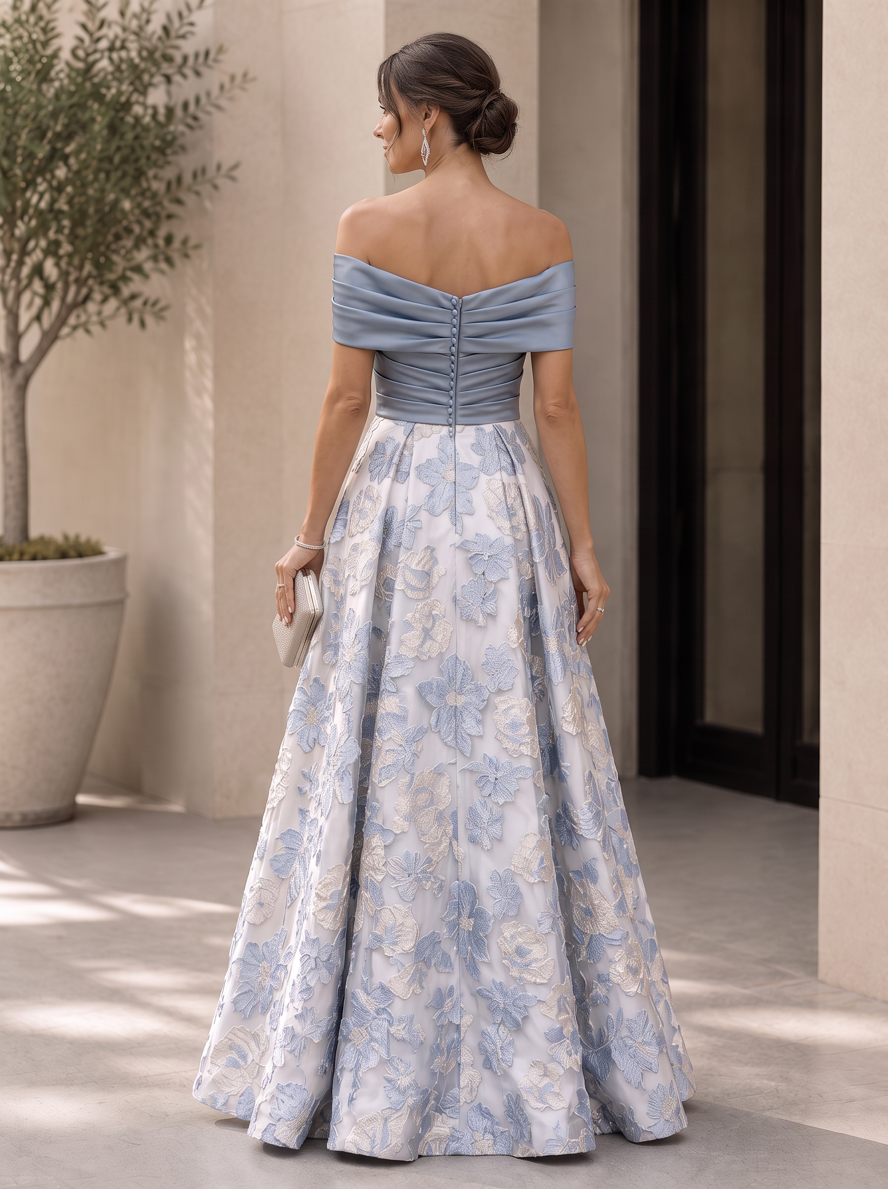 Dusty Blue Strapless Floral Embroidery Slit A-Line Maxi Dress