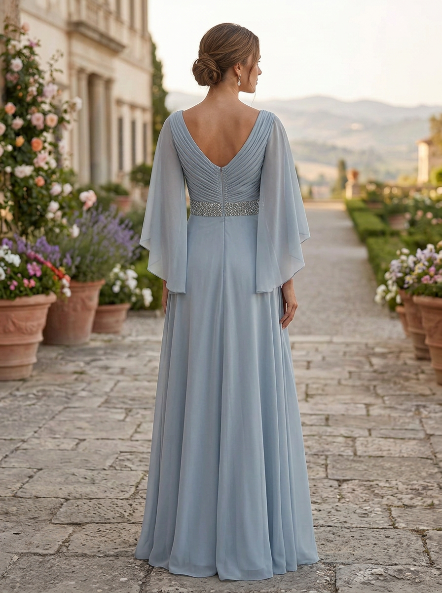 Ice Blue Chiffon Cape Sleeves Maxi Dress