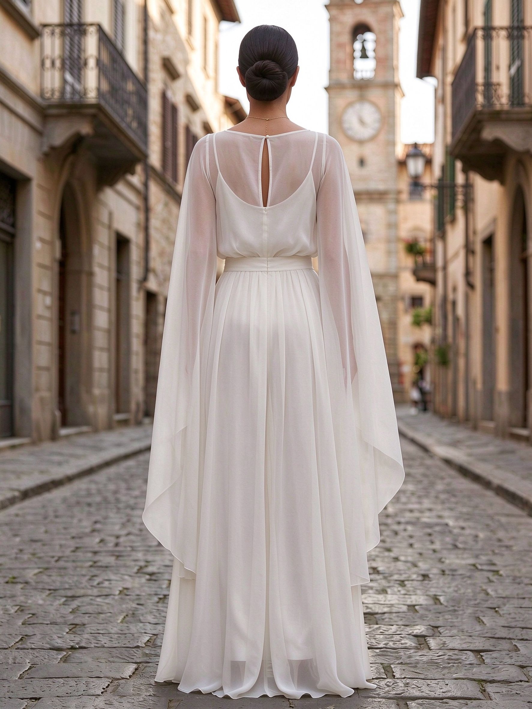 Elegant Chiffon Cape Sleeve Belted Wide Leg Jumpsuit