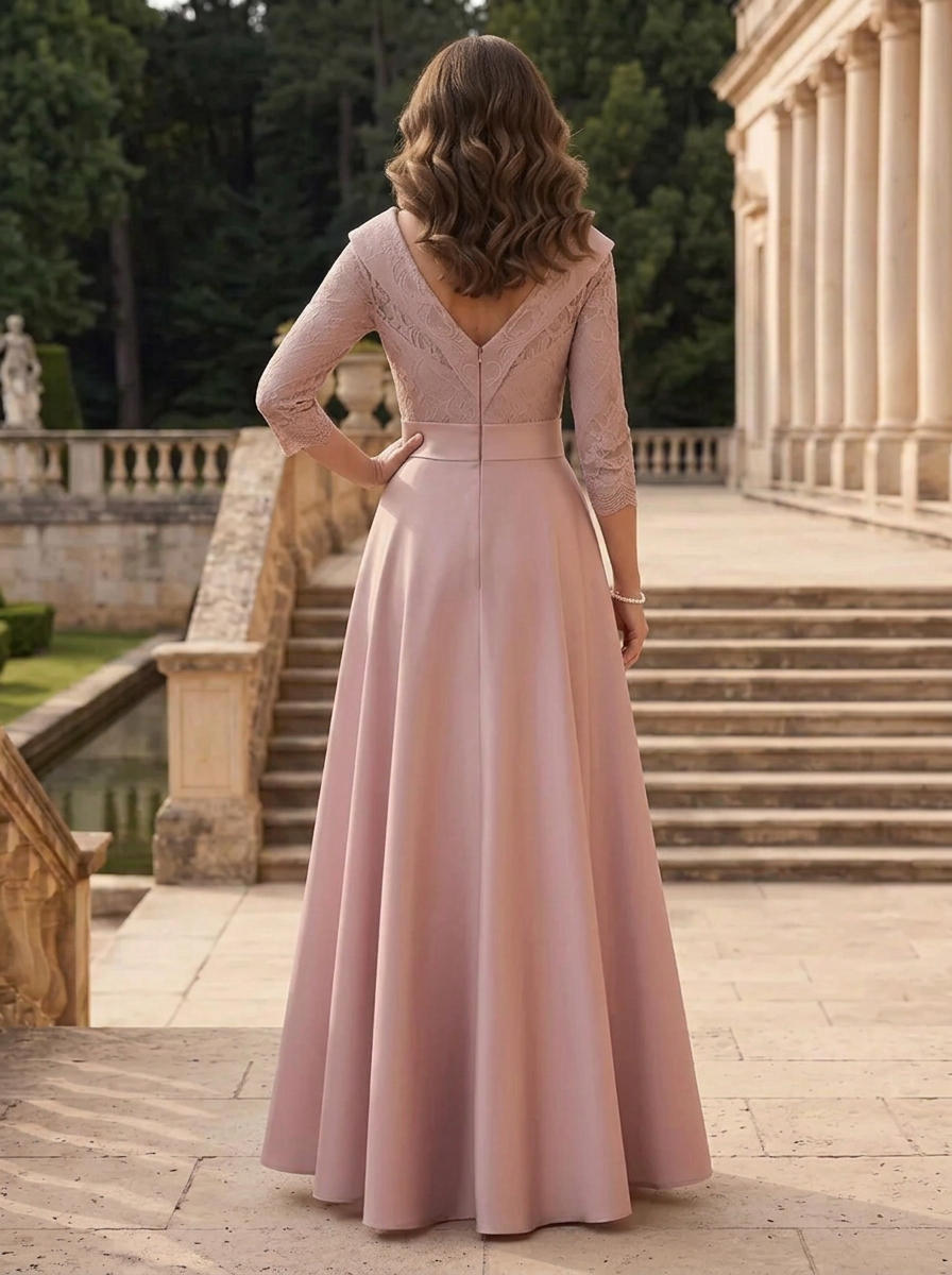 Dusty Rose V-Neck 3/4 Sleeve Lace Bodice Sash Bow A-Line Maxi Dress