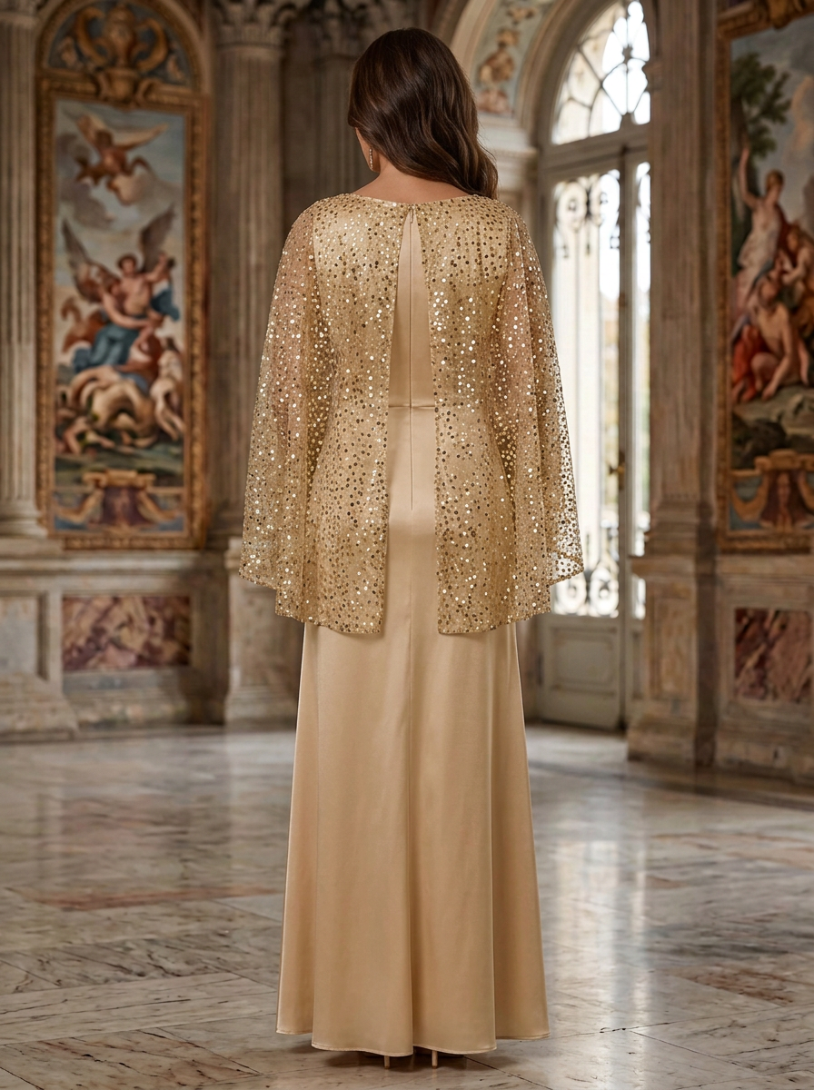 Solid Color Boat Neck Shawl Style Sequined Satin Maxi Dress