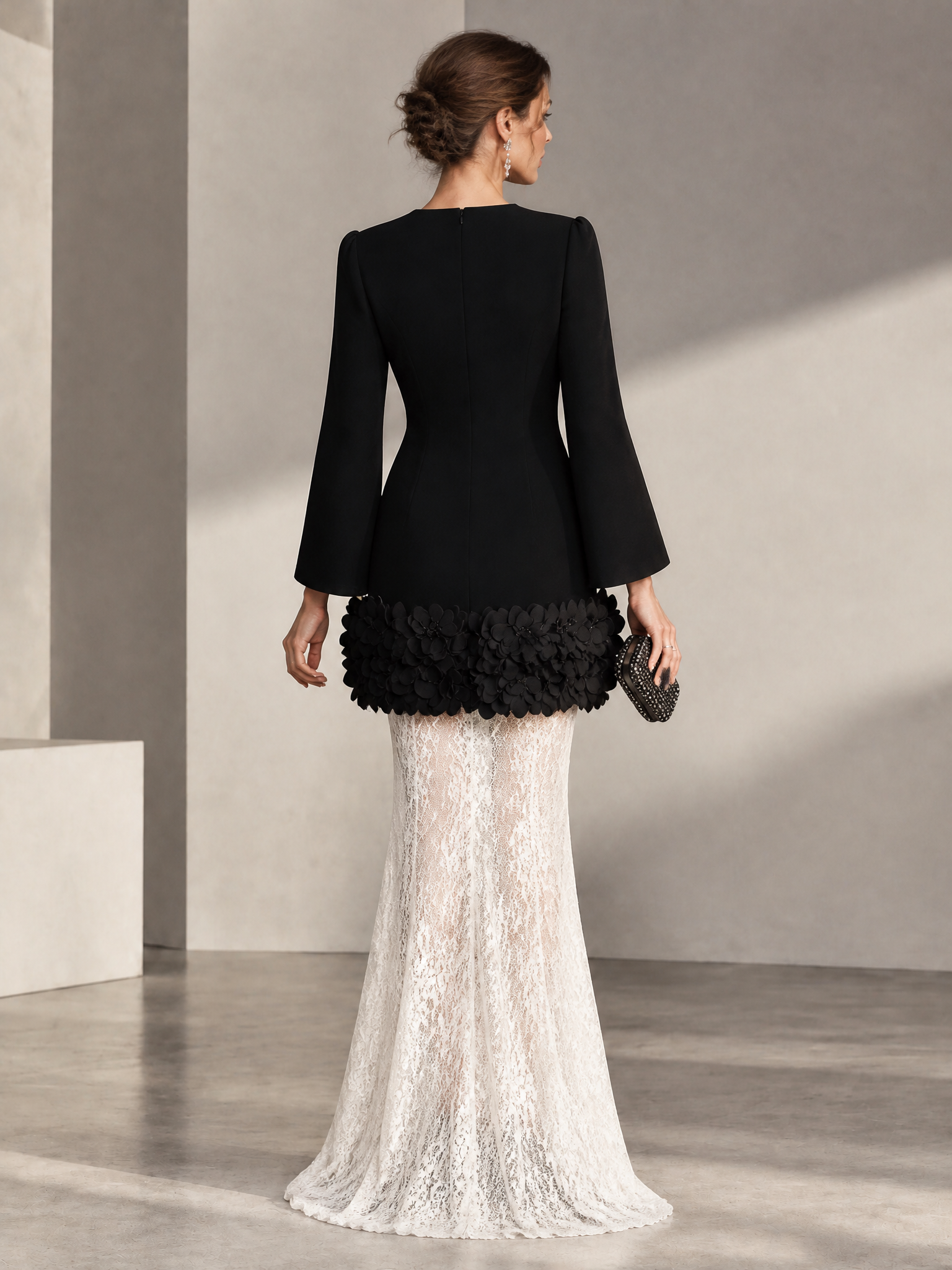 Black Bell Sleeve 3D Floral Sheer Lace Mermaid Maxi Dress