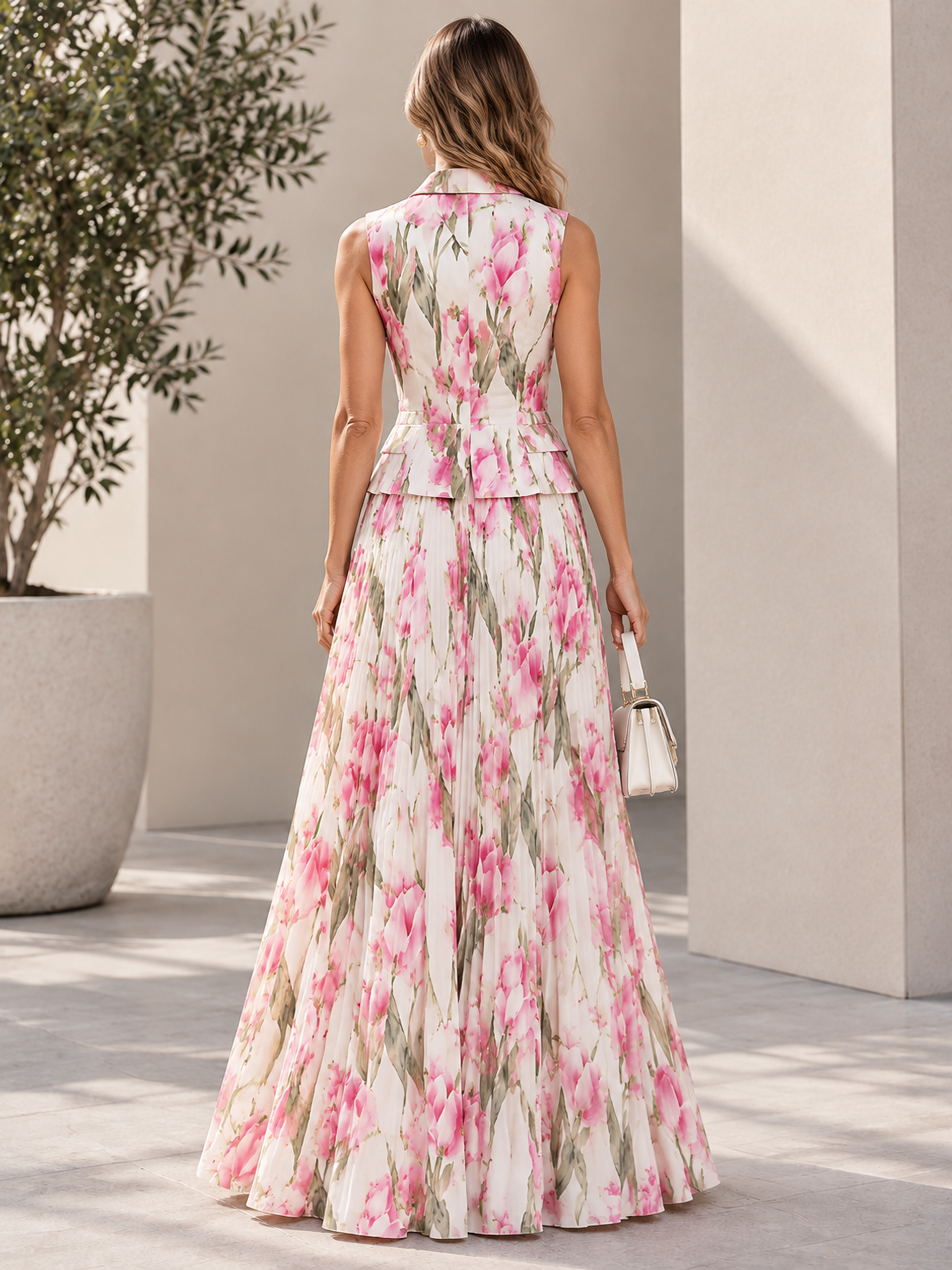Pink Tulip Print Sleeveless Vest & Pleated Maxi Skirt Set