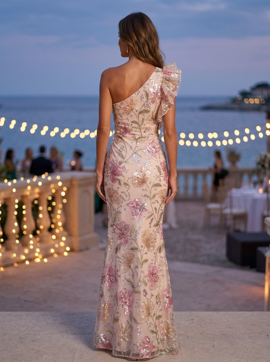 Light Pink Mermaid One Shoulder Floral Satin Maxi Dress