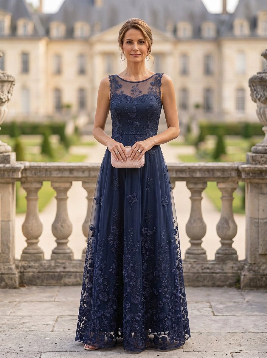 Navy Blue Lace Embroidered A-Line Maxi Dress with Jacket
