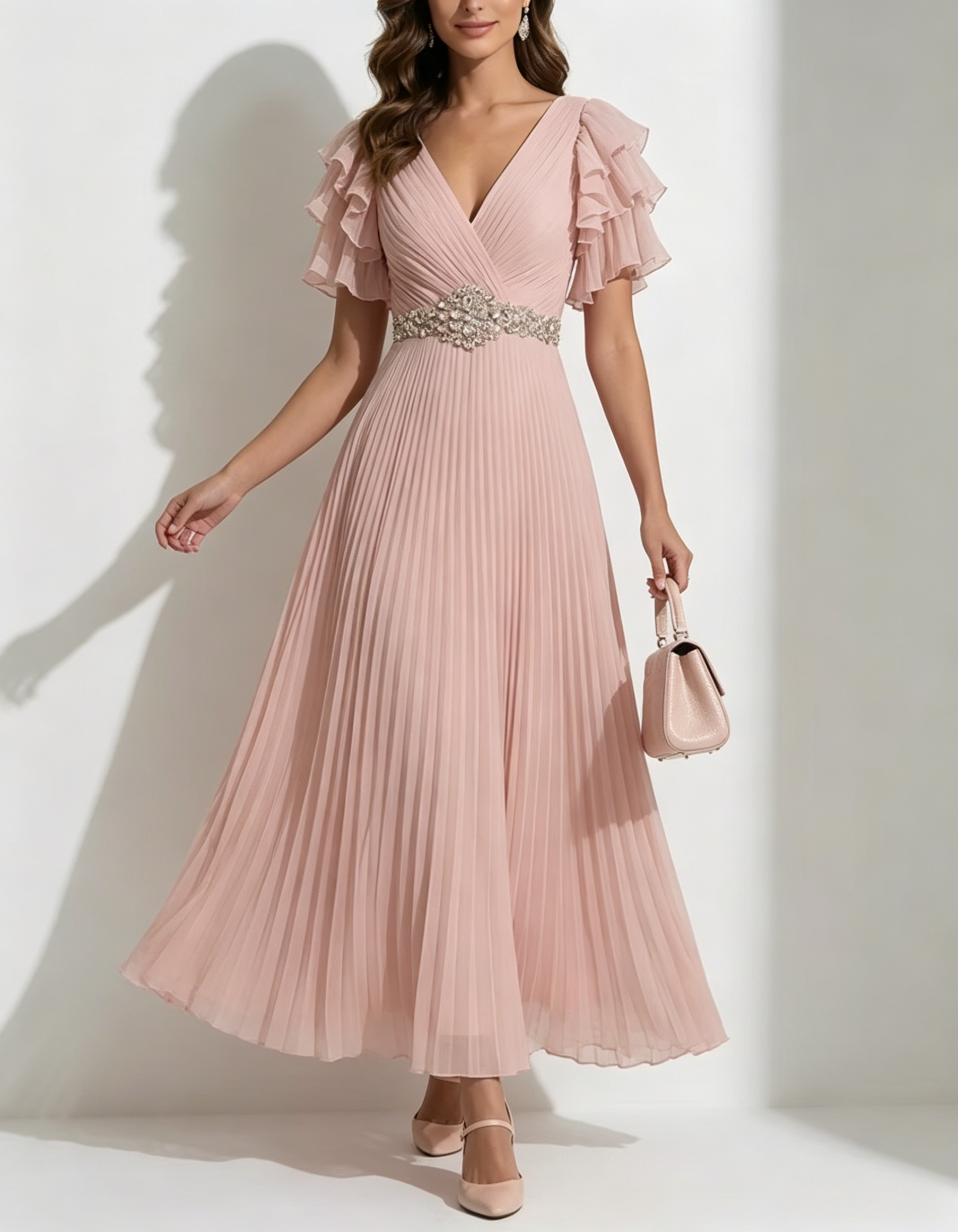 Blush V Neck Ruffled Sleeve Beaded Pleated Midi Dress
