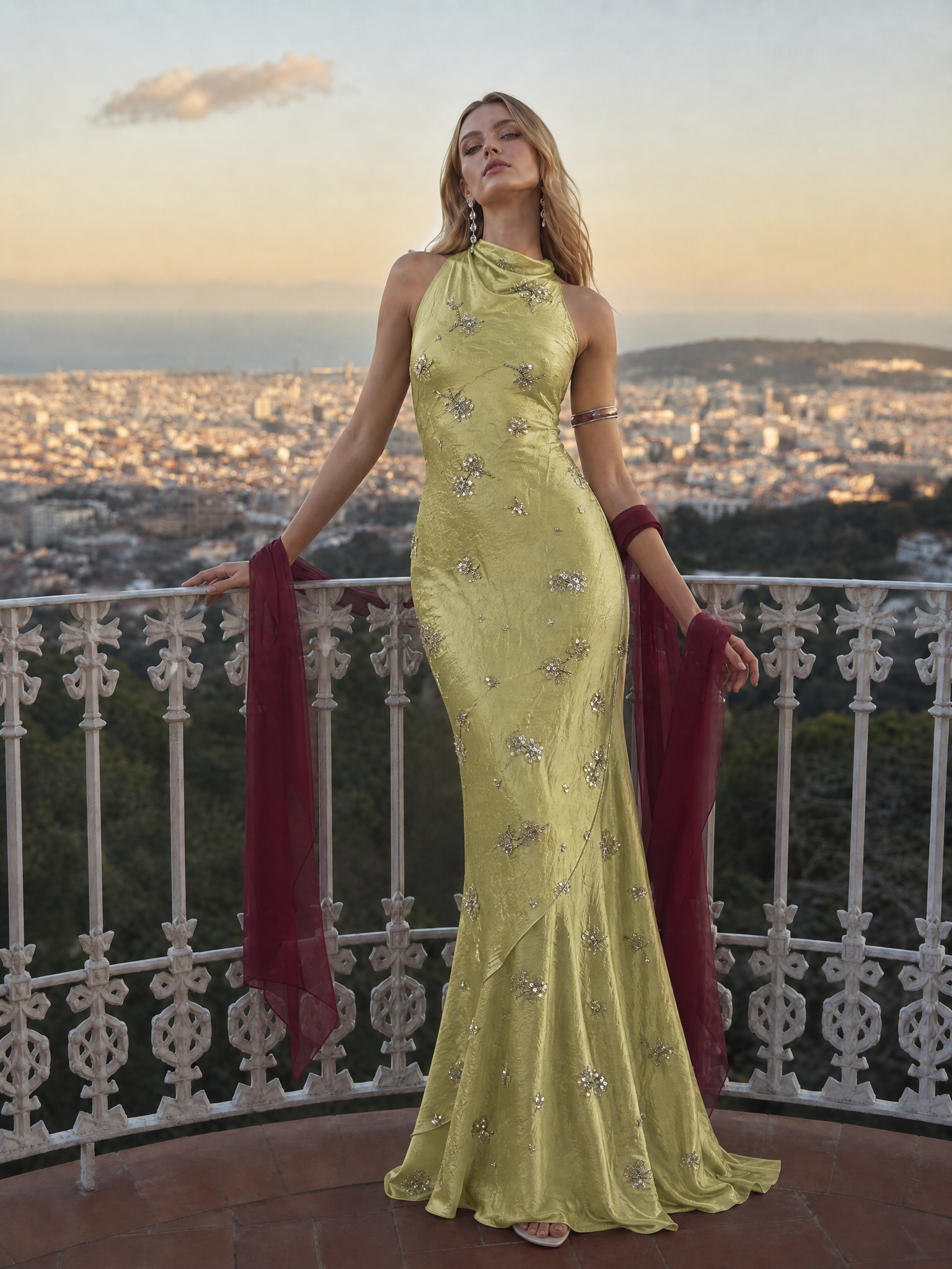 Lime Green Halter Floral Bead Crinkle Satin Mermaid Maxi Dress