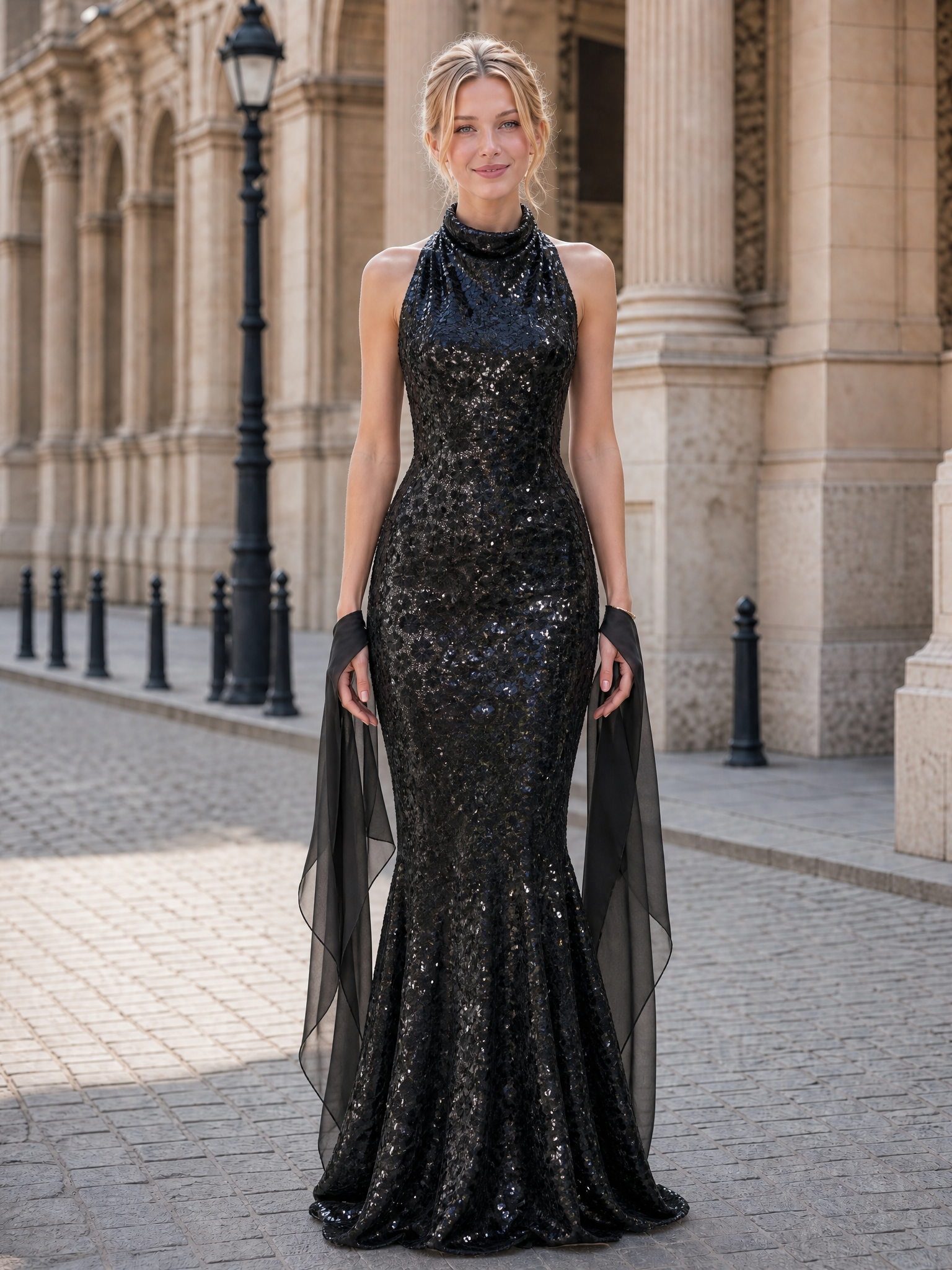 Black Sequin Halter Open Back Chiffon Cape Mermaid Maxi Dress