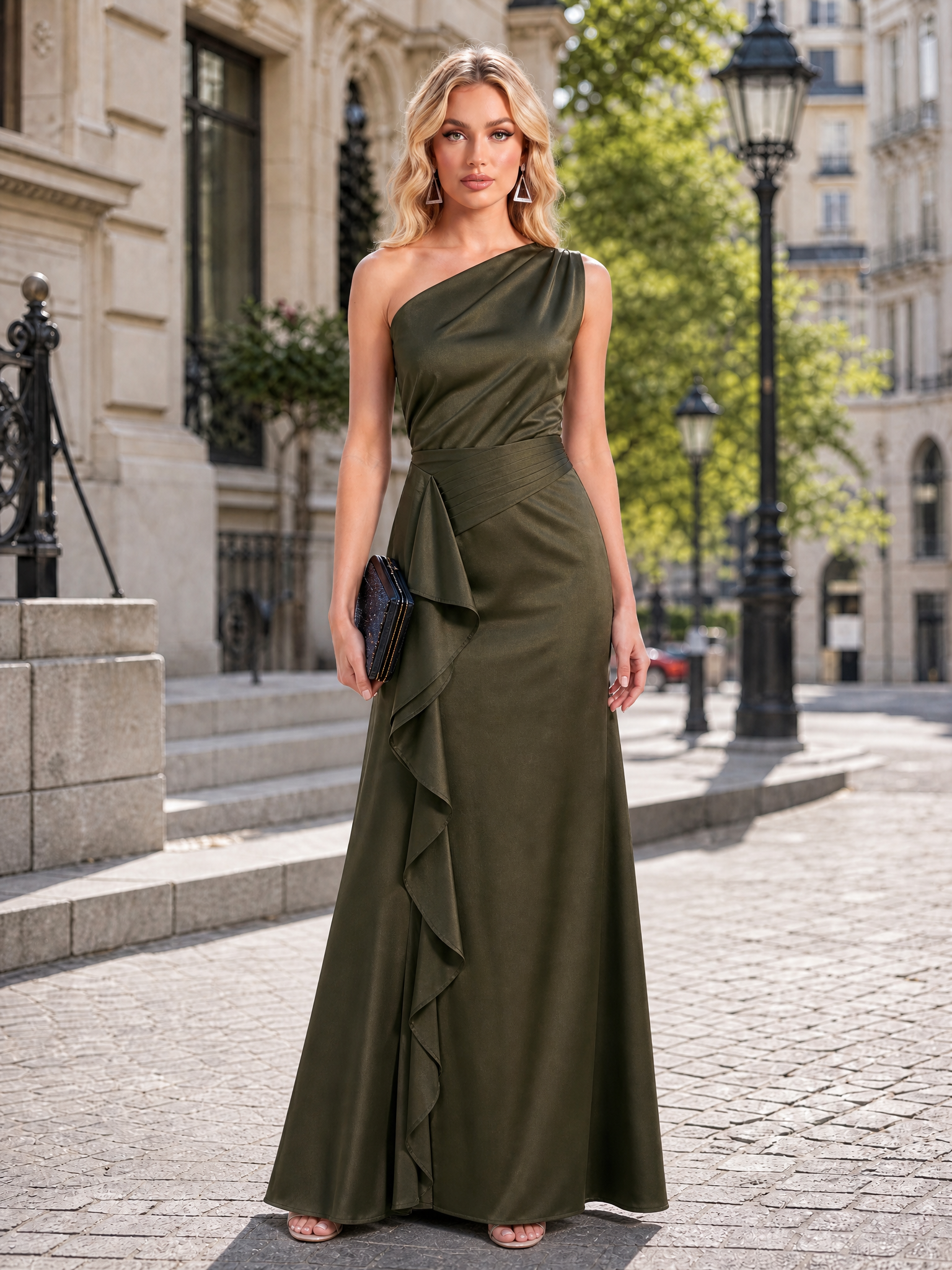 Olive Green One Shoulder Wrap Ruffle Satin Maxi Dress