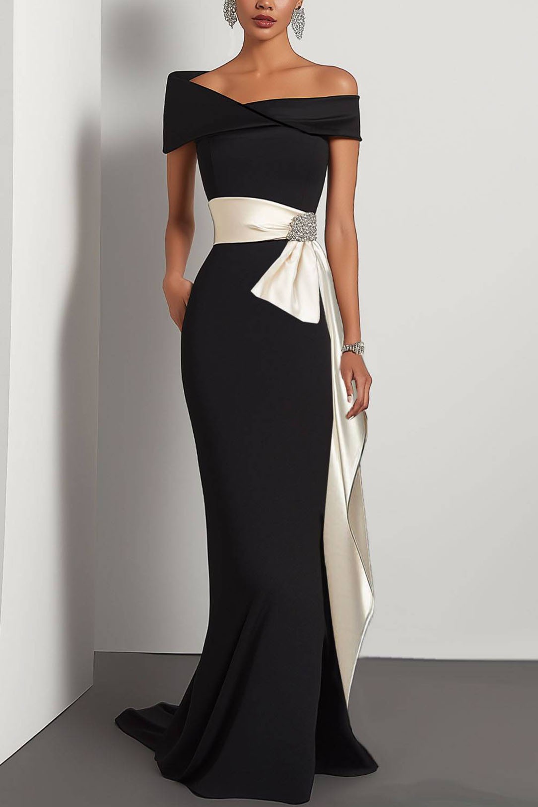 Elegant Evening Dress Black Off-The-Shoulder White Waistband Maxi Dress