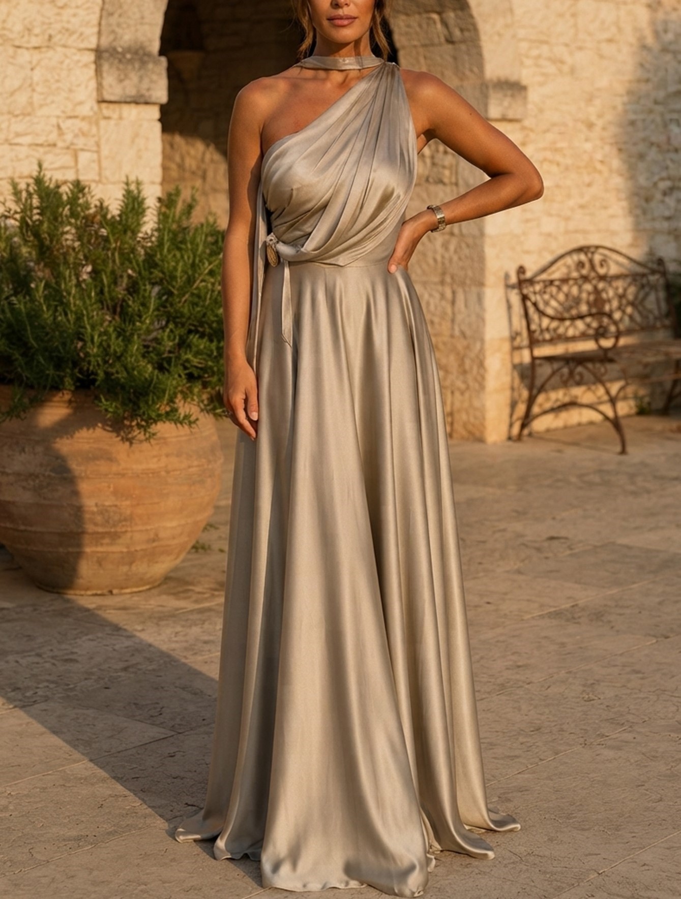 Champagne Satin One Shoulder Halter Floor Maxi Dress