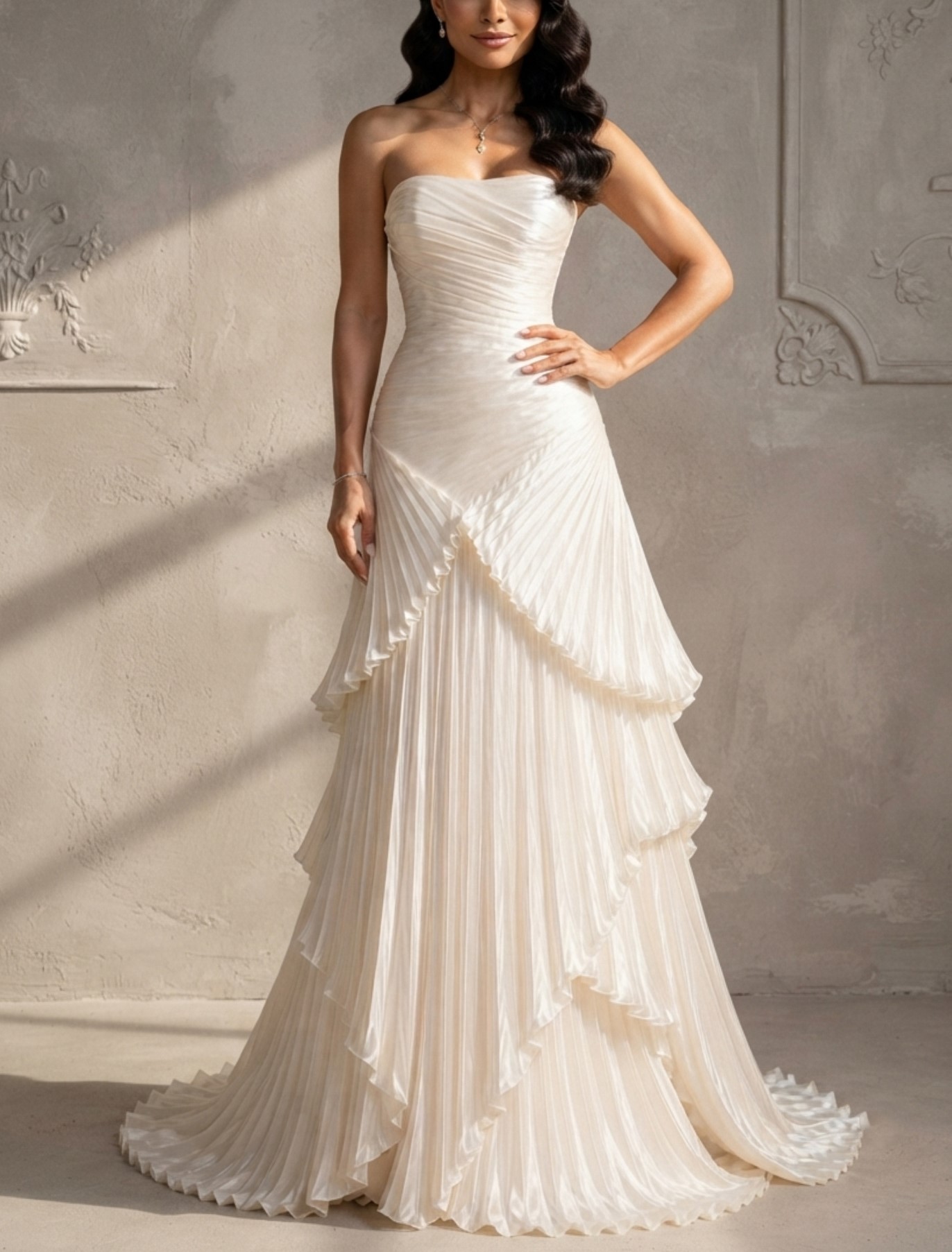 Ivory Strapless Pleated Layered Mermaid Wedding Gown