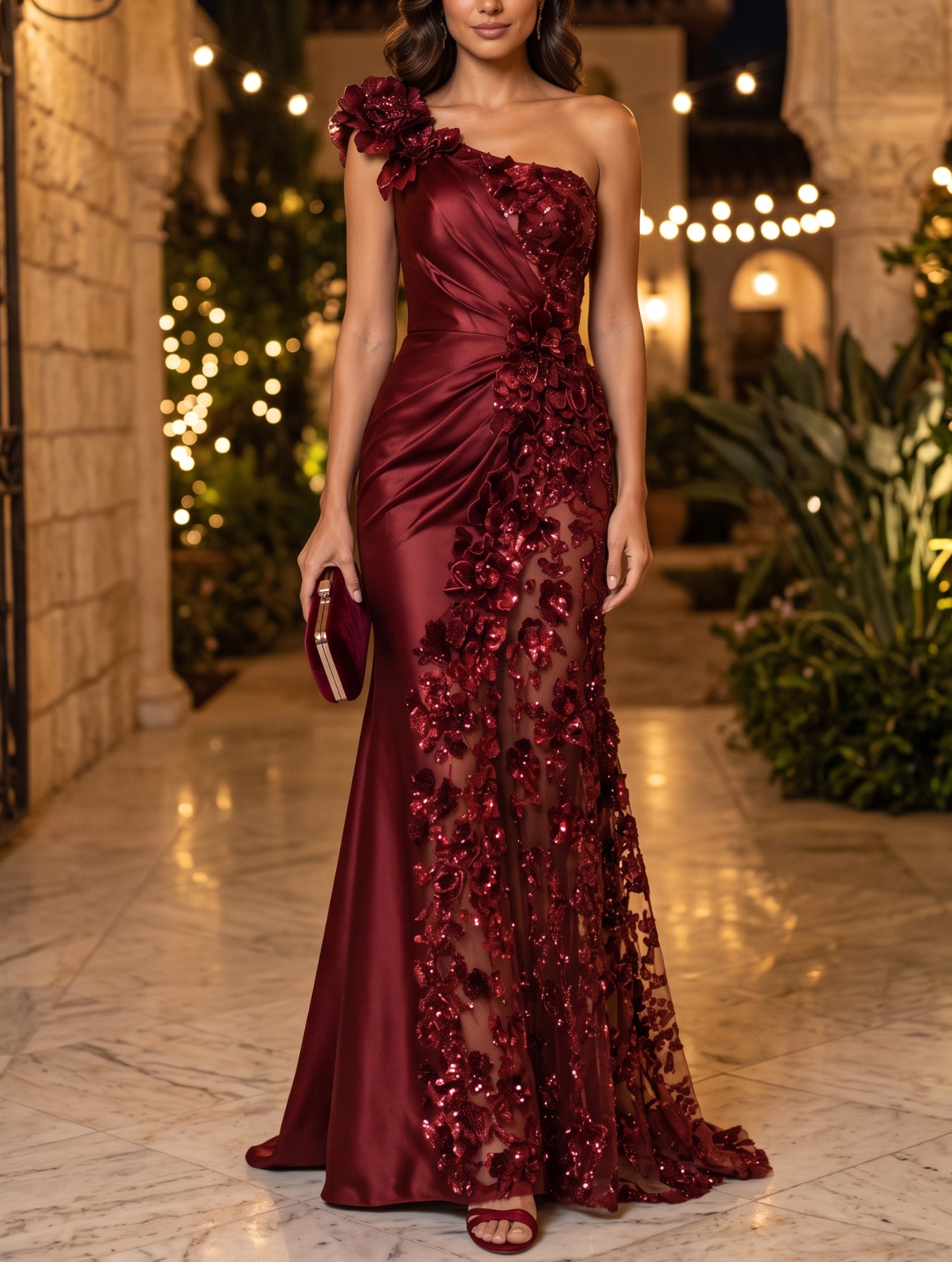 Burgundy One Shoulder Floral Mesh Mermaid Gown