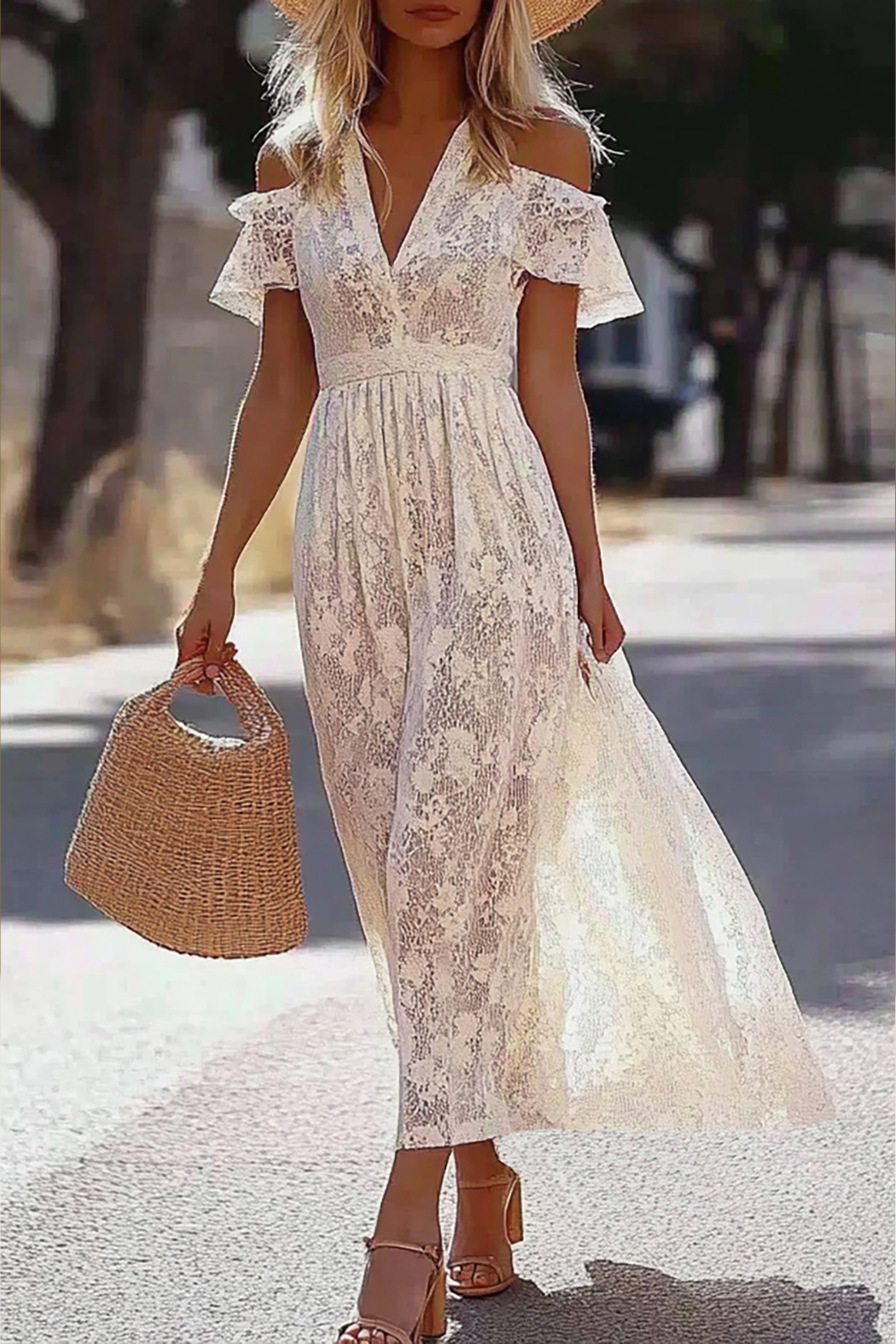 Bohemian Vacation Dress White Lace V-Neck Off-The-Shoulder Maxi Dress
