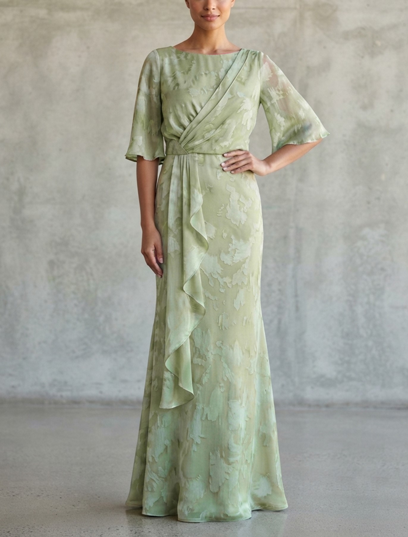 bateau dress green Sage Neck Bell Sleeve Printed Chiffon Mermaid Maxi – vulldy promo_Free Shipping* with Code: FREESHIP_06/25/2026_06/27/2026_FREESHIP