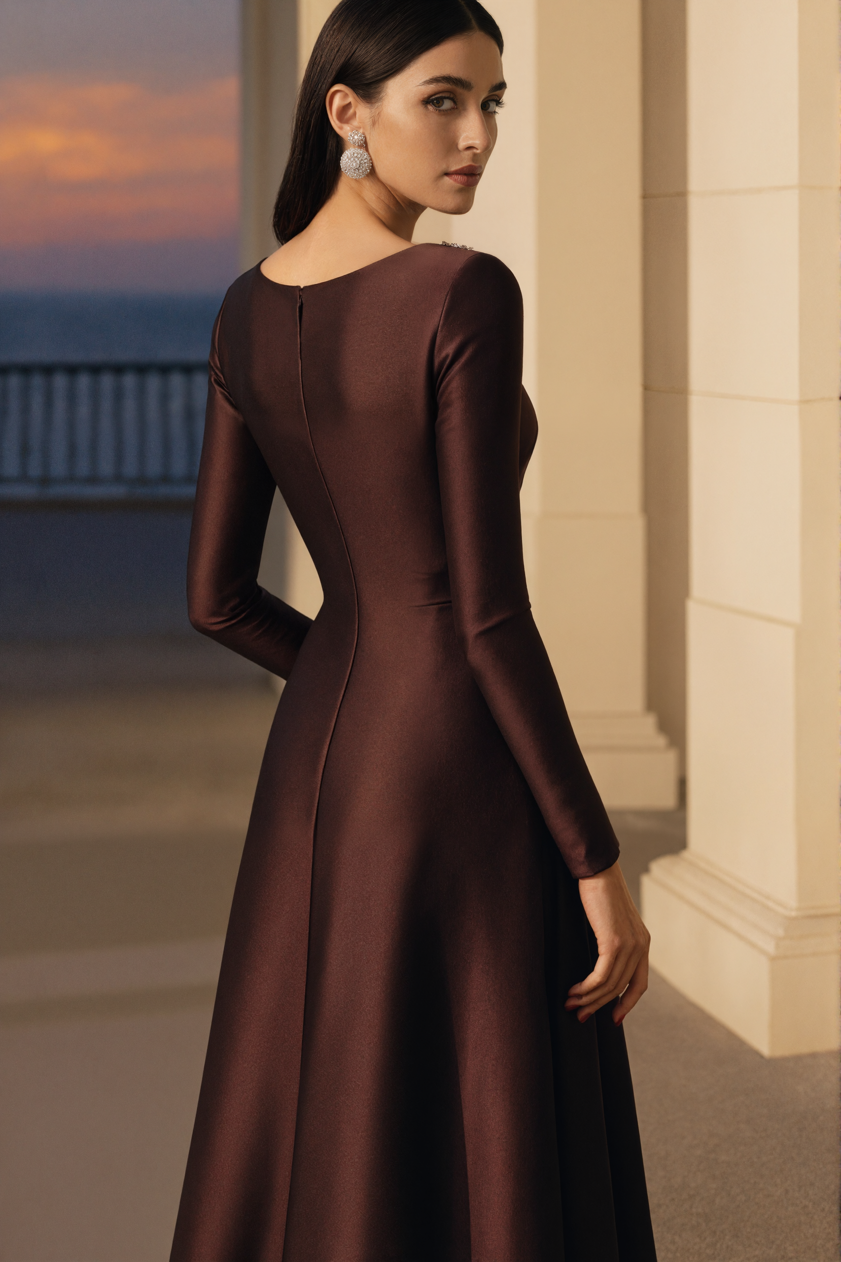 Evening Formal Burgundy Dress Asymmetrical Neck Long Sleeve Maxi Gown