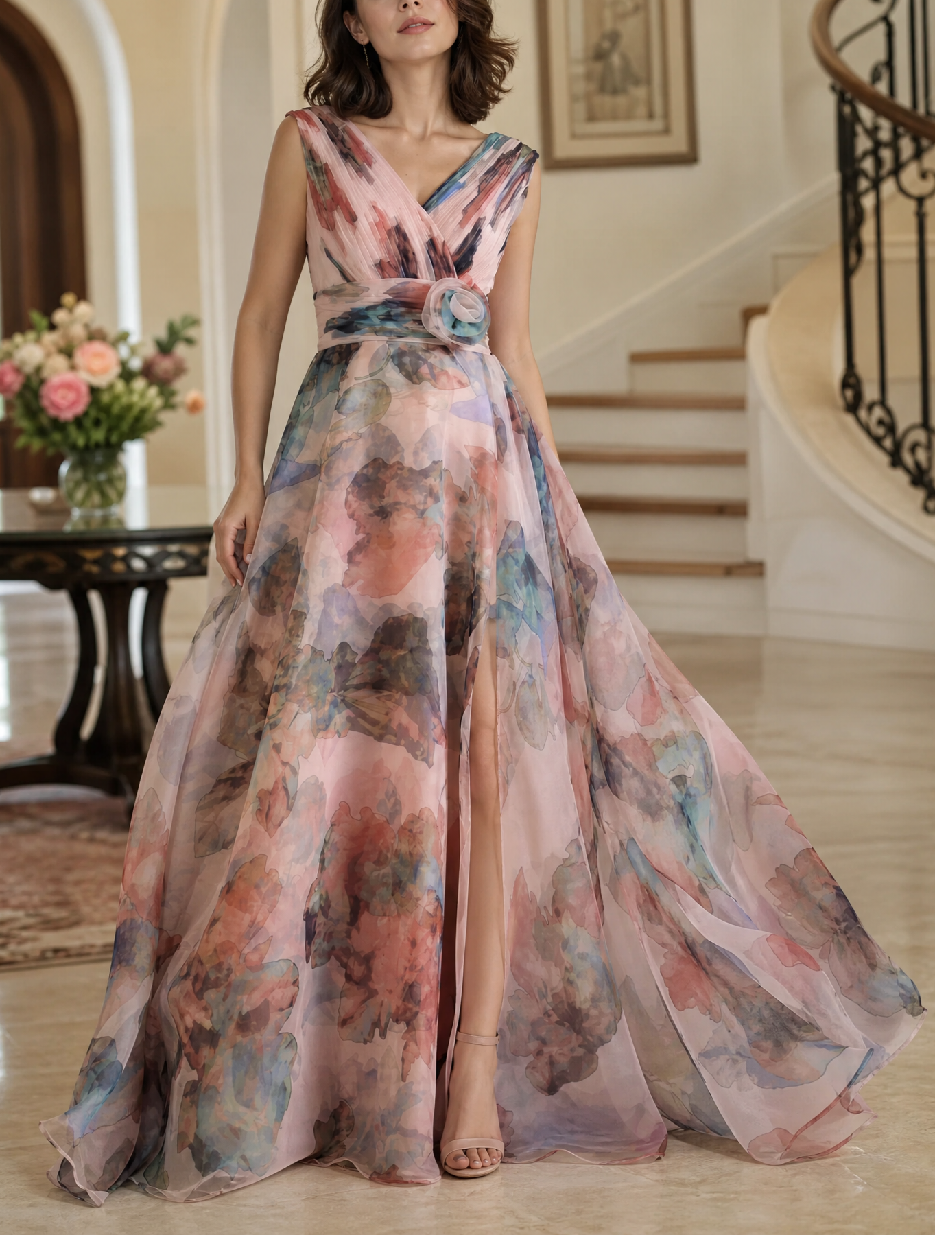 Watercolor Floral Print Sleeveless A-Line Maxi Gown