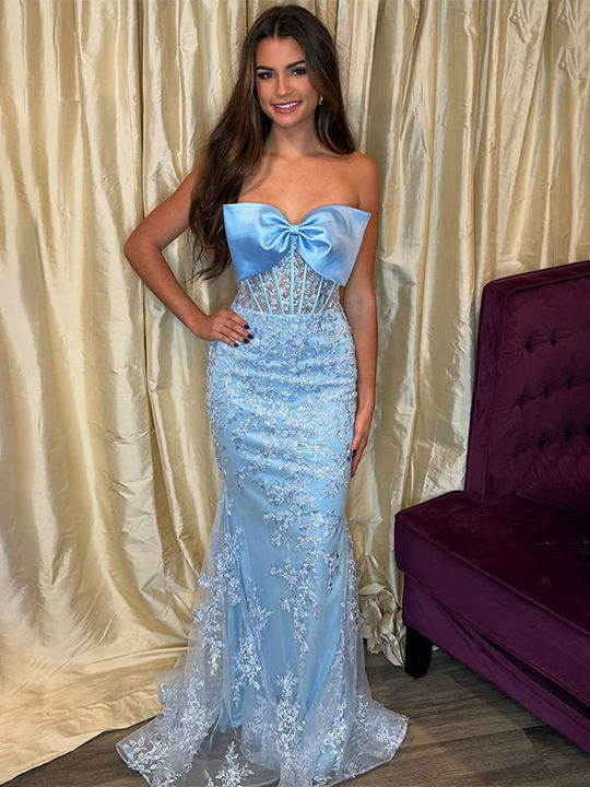 Blue Mermaid Strapless Lace Appliques Long Prom Dress with Bow