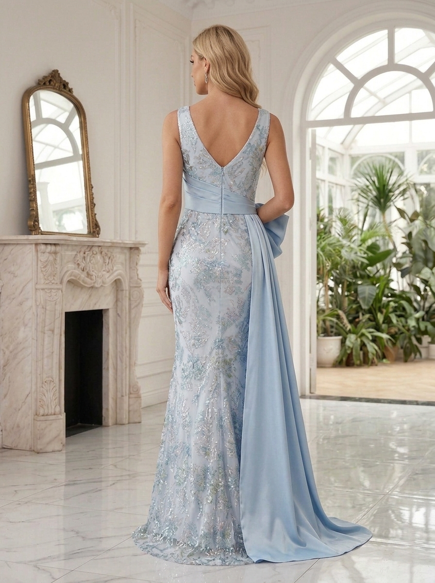 Light Blue Sequin Lace Sleeveless V Neck Mermaid Evening Gown