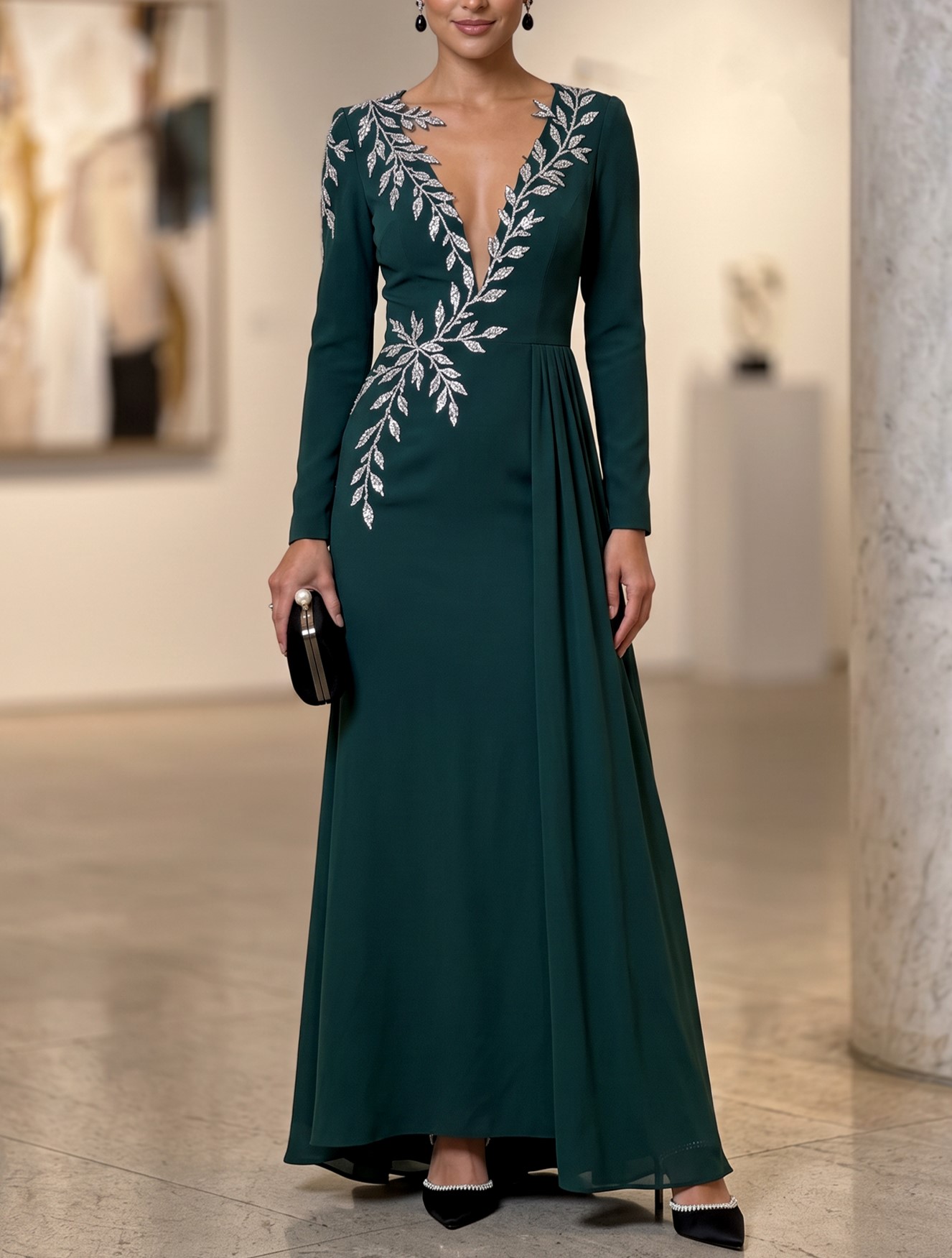 Dark Green V-Neck Sleeveless A-Line Lace Embroidered Maxi Dress