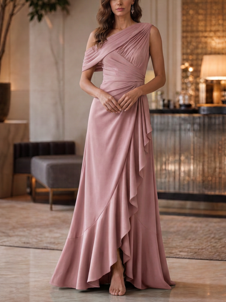 Dusty Pink One-Shoulder Ruched Chiffon A-Line Floor-Length Gown Dress