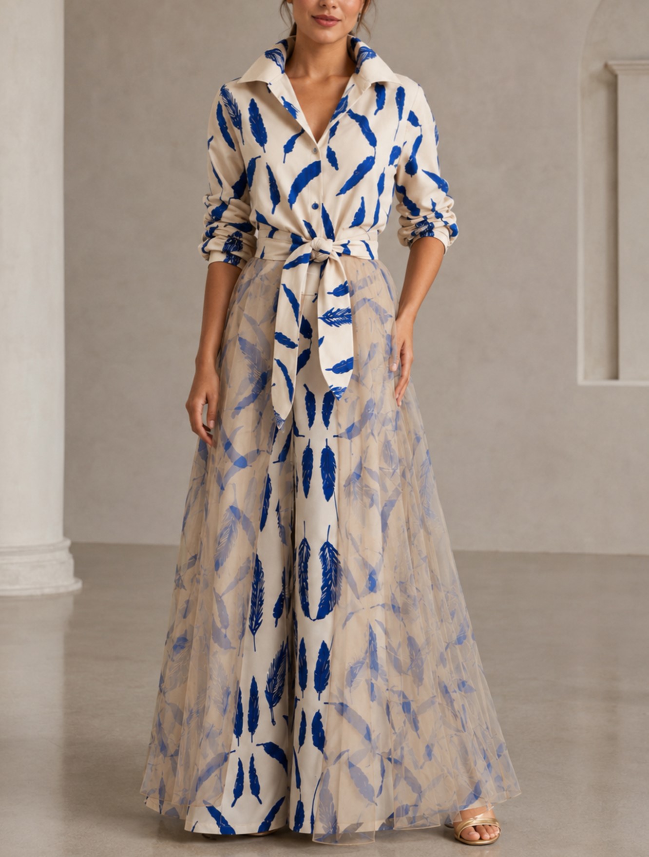 Cream Blue Leaf Print Collared Long Sleeve A‑Line Floor‑Length Maxi Dress