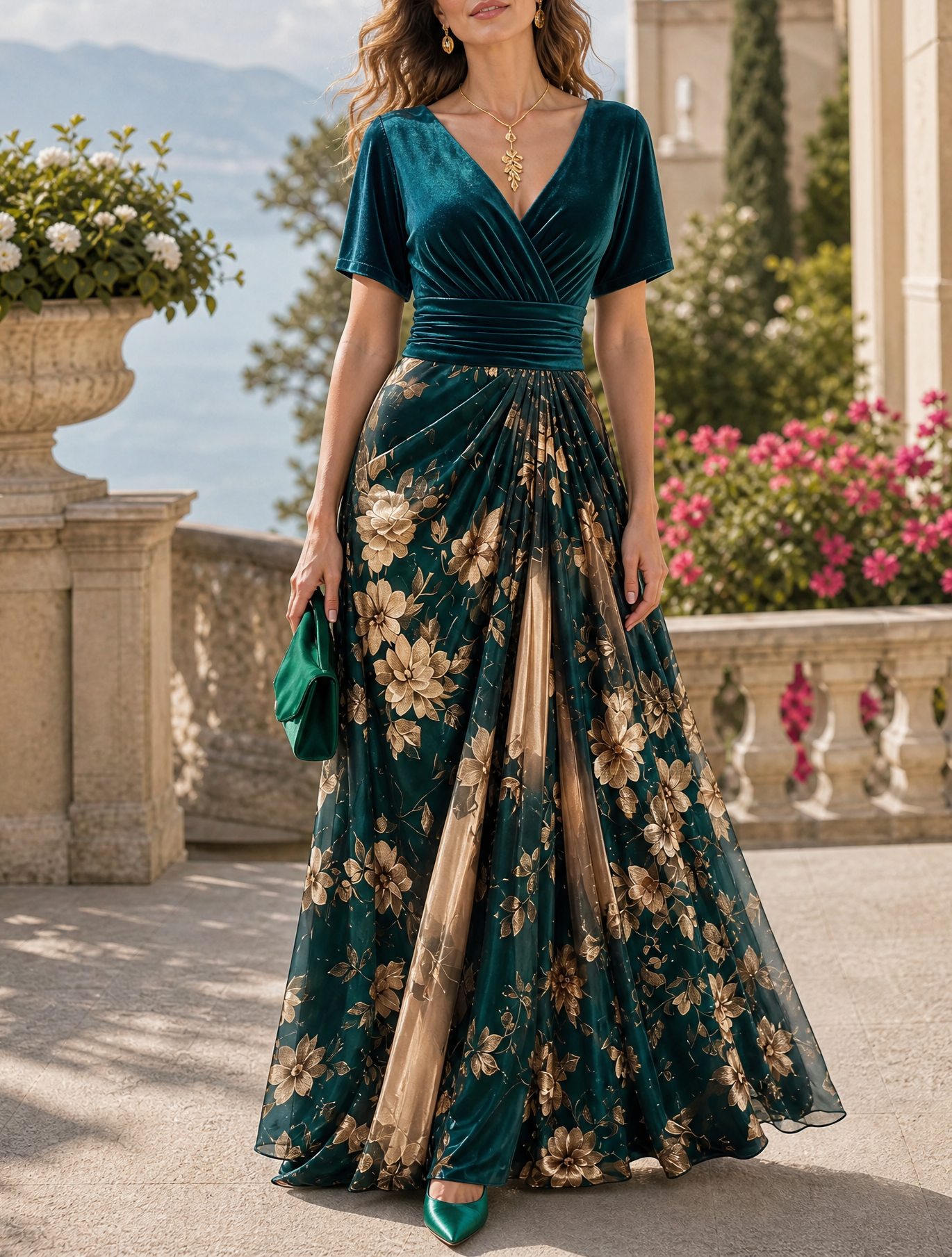 Emerald Green Velvet Floral Chiffon V-Neck A-Line Maxi Evening Gown Dress