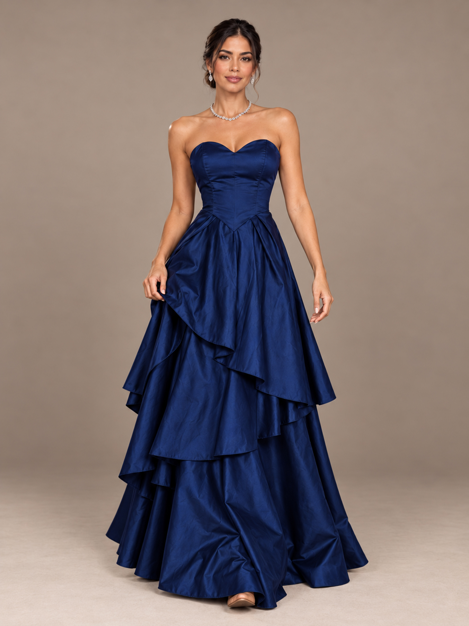 Navy Blue Strapless Sweetheart Tiered Ruffle A-Line Maxi Dress