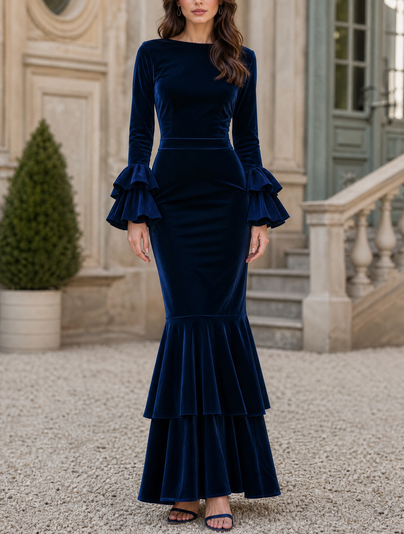Navy Blue Velvet Long Sleeve Ruffle Mermaid Maxi Dress