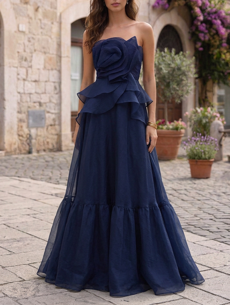 Navy Blue Strapless Sweetheart Sleeveless 3D Floral Ruffle A-Line Maxi Dress