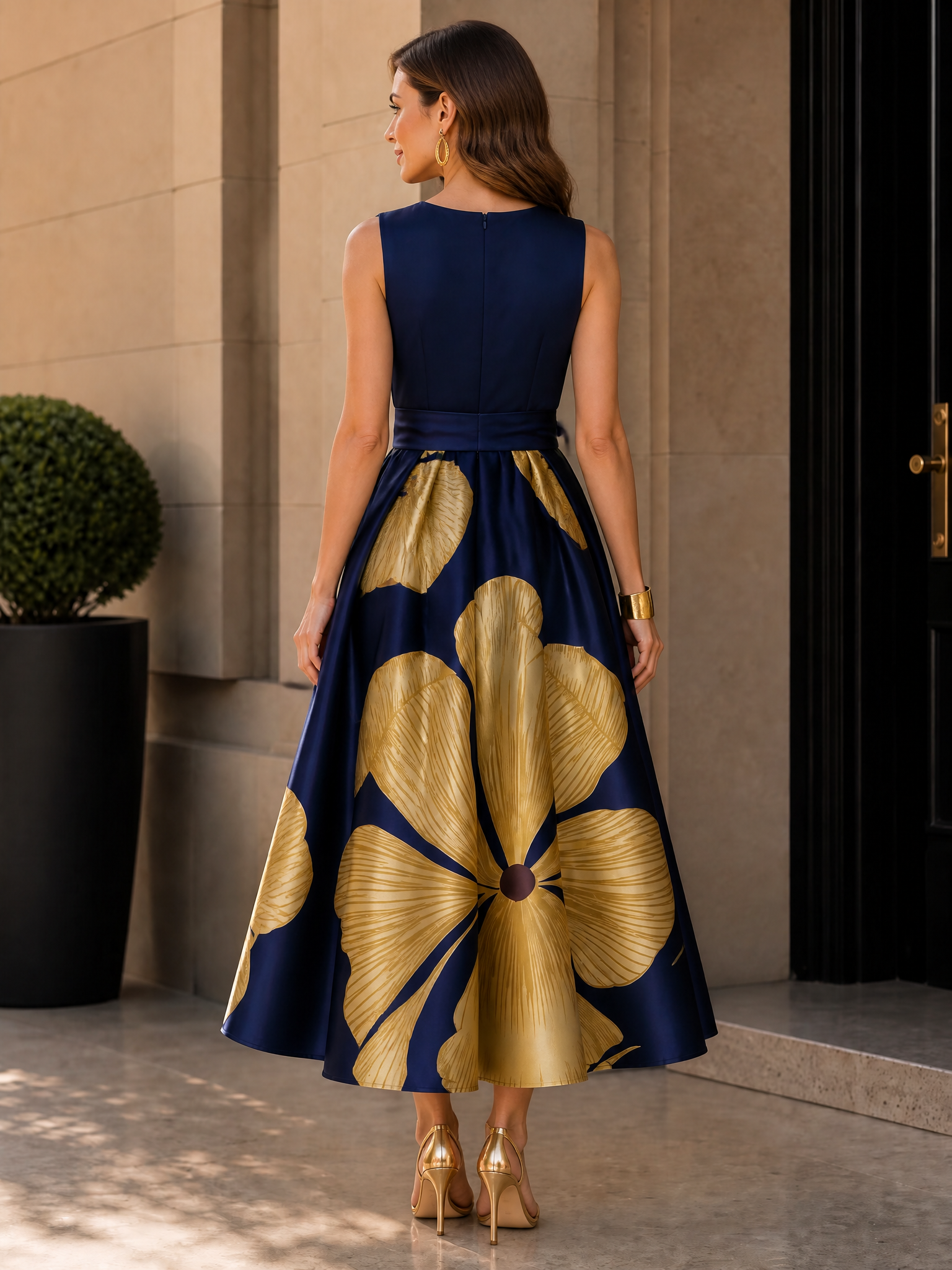 Navy Blue Gold Floral Round Neck Bow A-Line Midi Dress