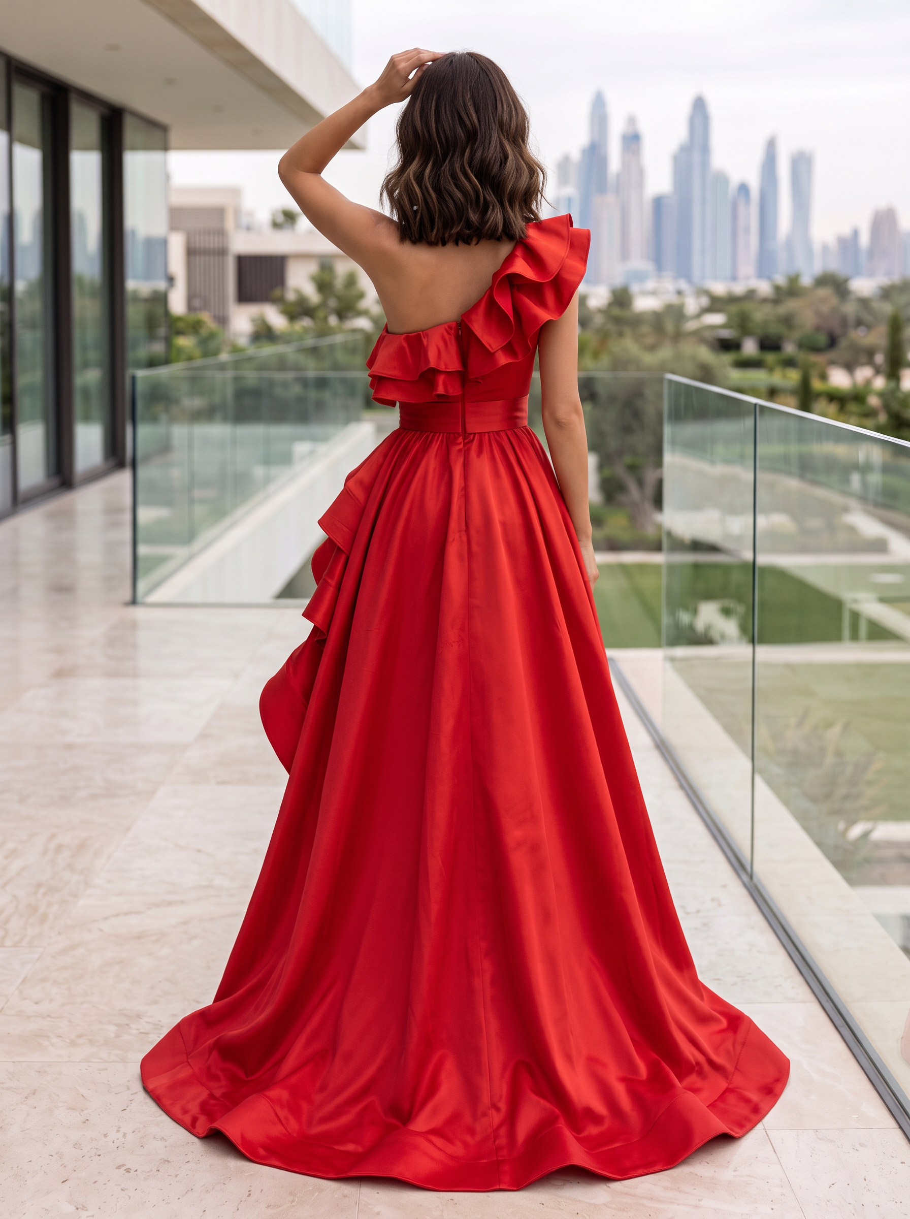 Red One-Shoulder Ruffle Slit A-Line Maxi Dress