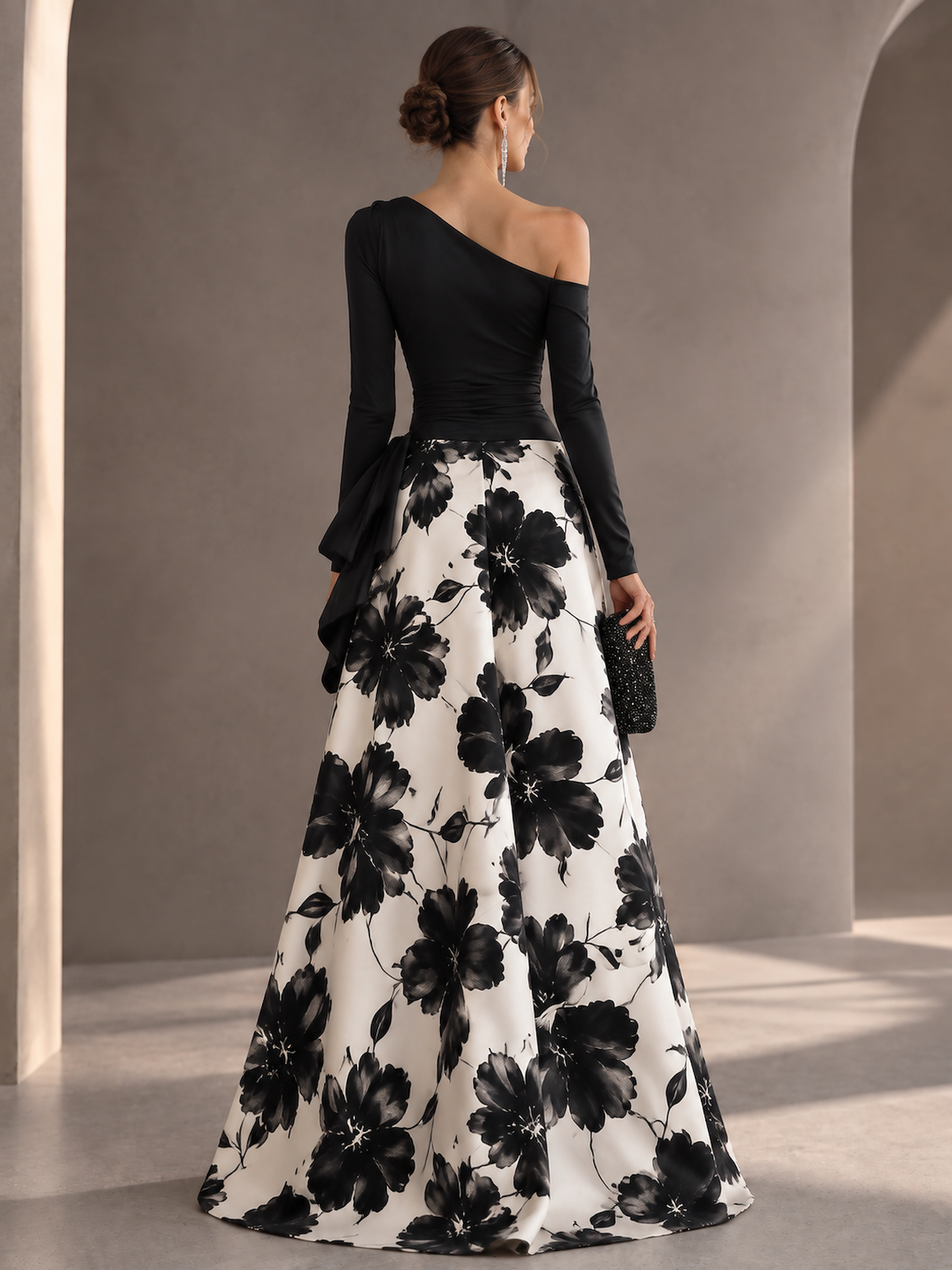 Black One-Shoulder Long Sleeve Floral Print Maxi Dress