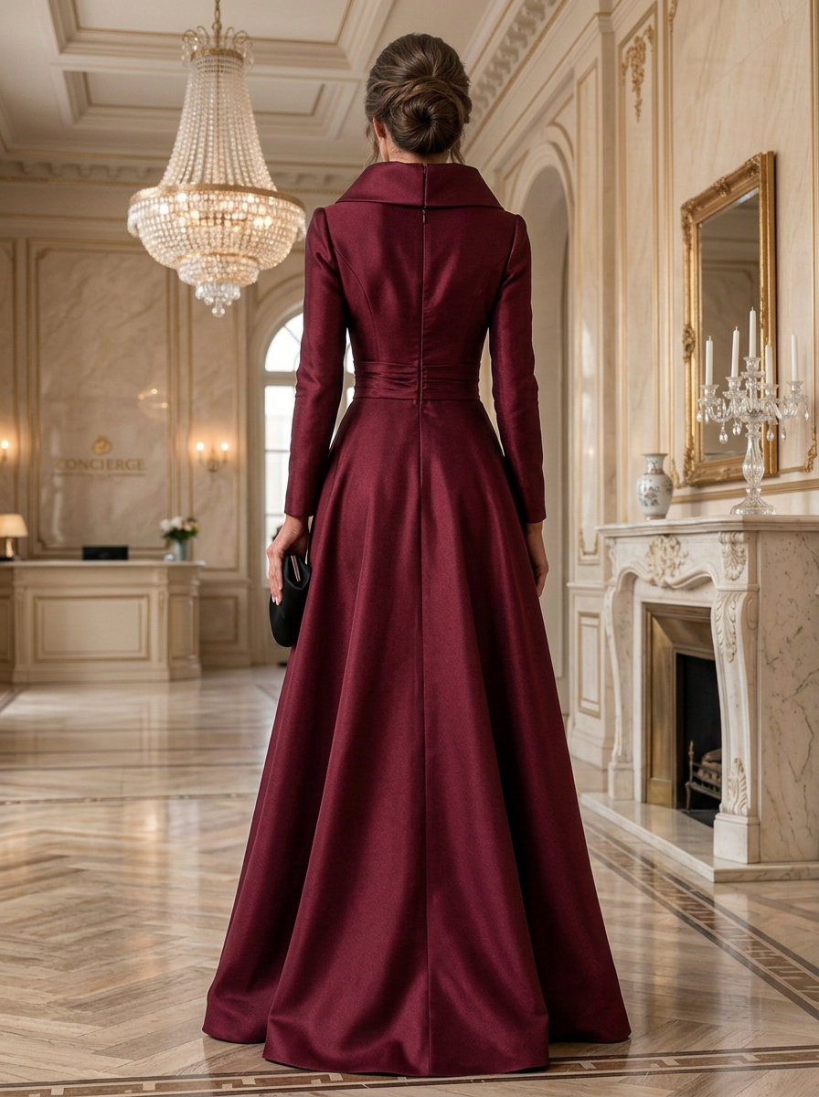 Burgundy Shawl Collar Long Sleeve Asymmetric Ruffle Maxi Dress