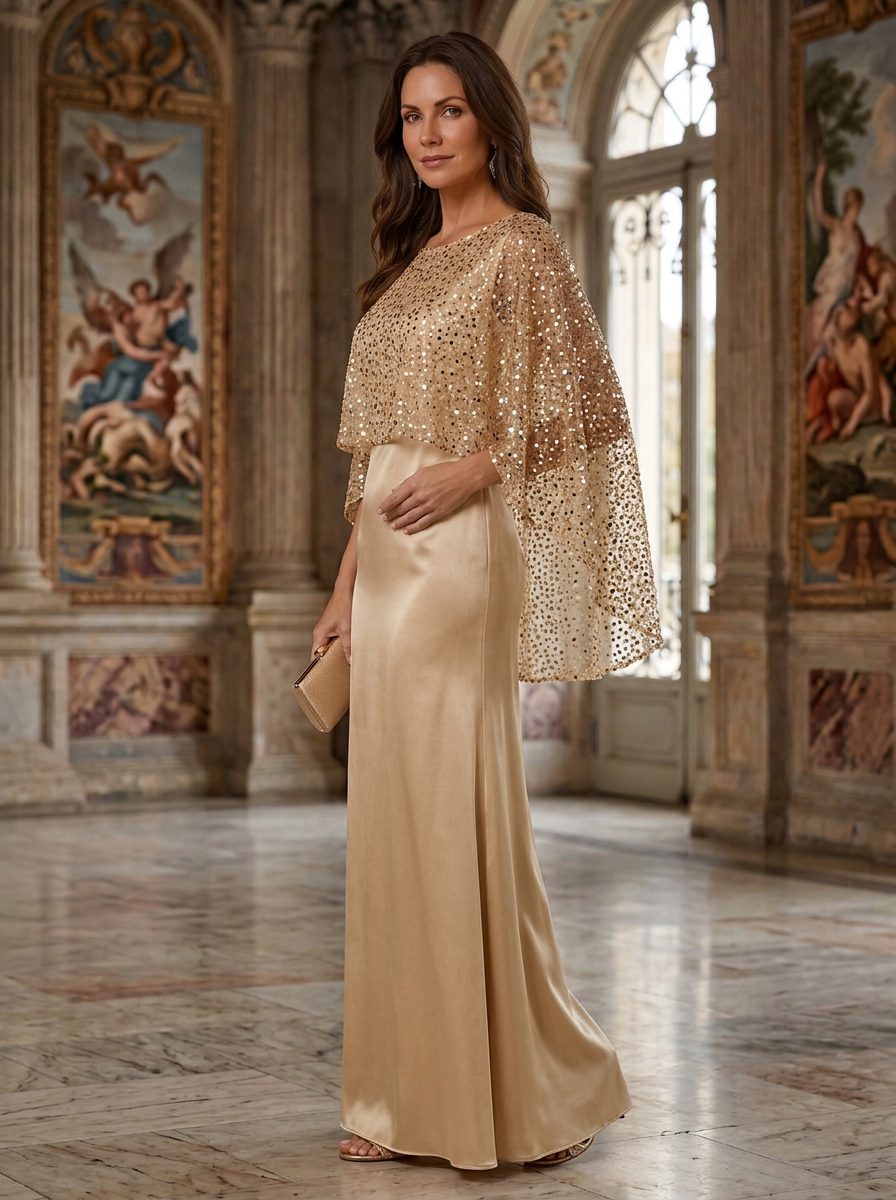 Solid Color Boat Neck Shawl Style Sequined Satin Maxi Dress