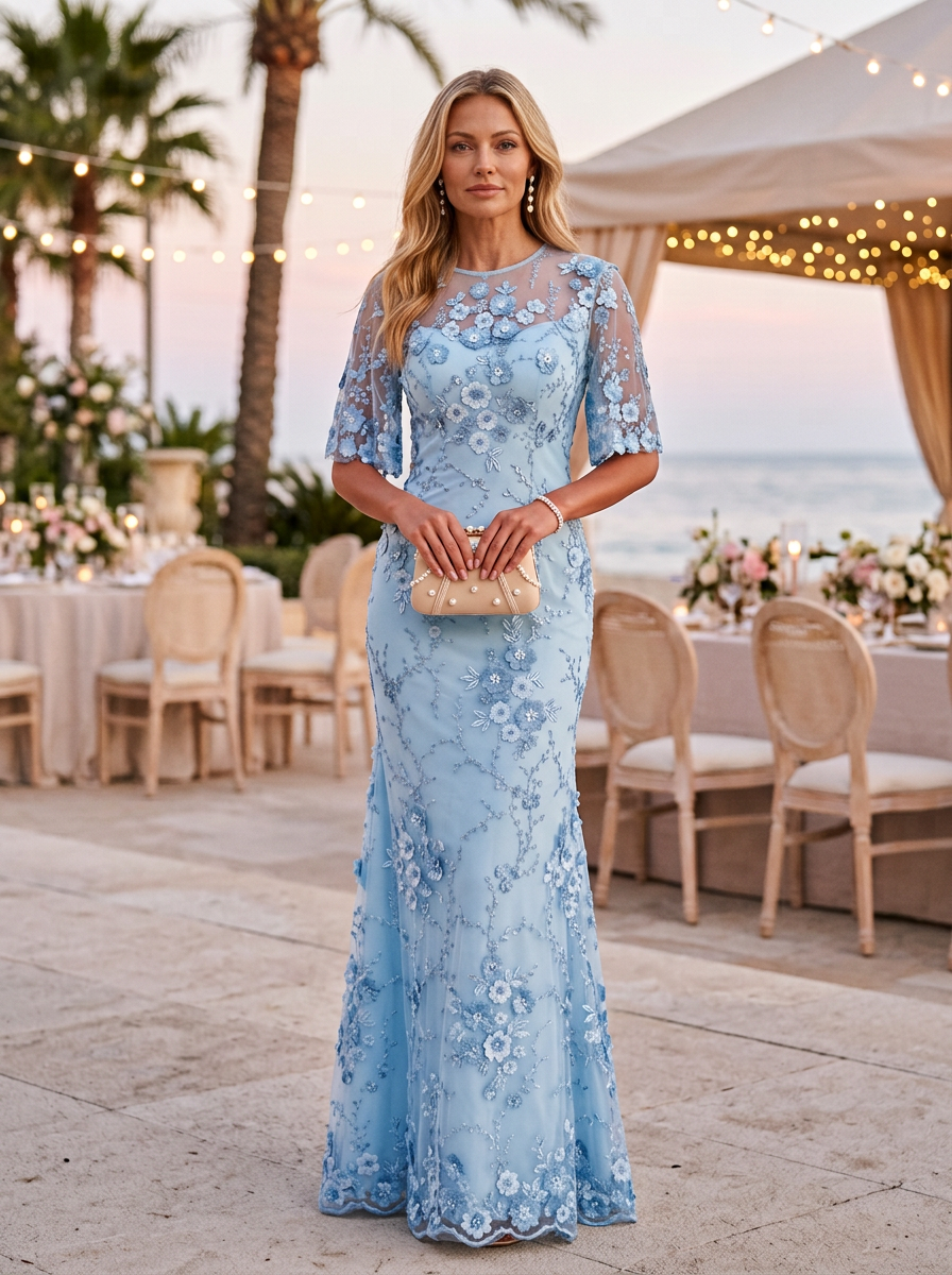 Light Blue Lace Embroidered 3/4 Sleeve Mermaid Maxi Dress