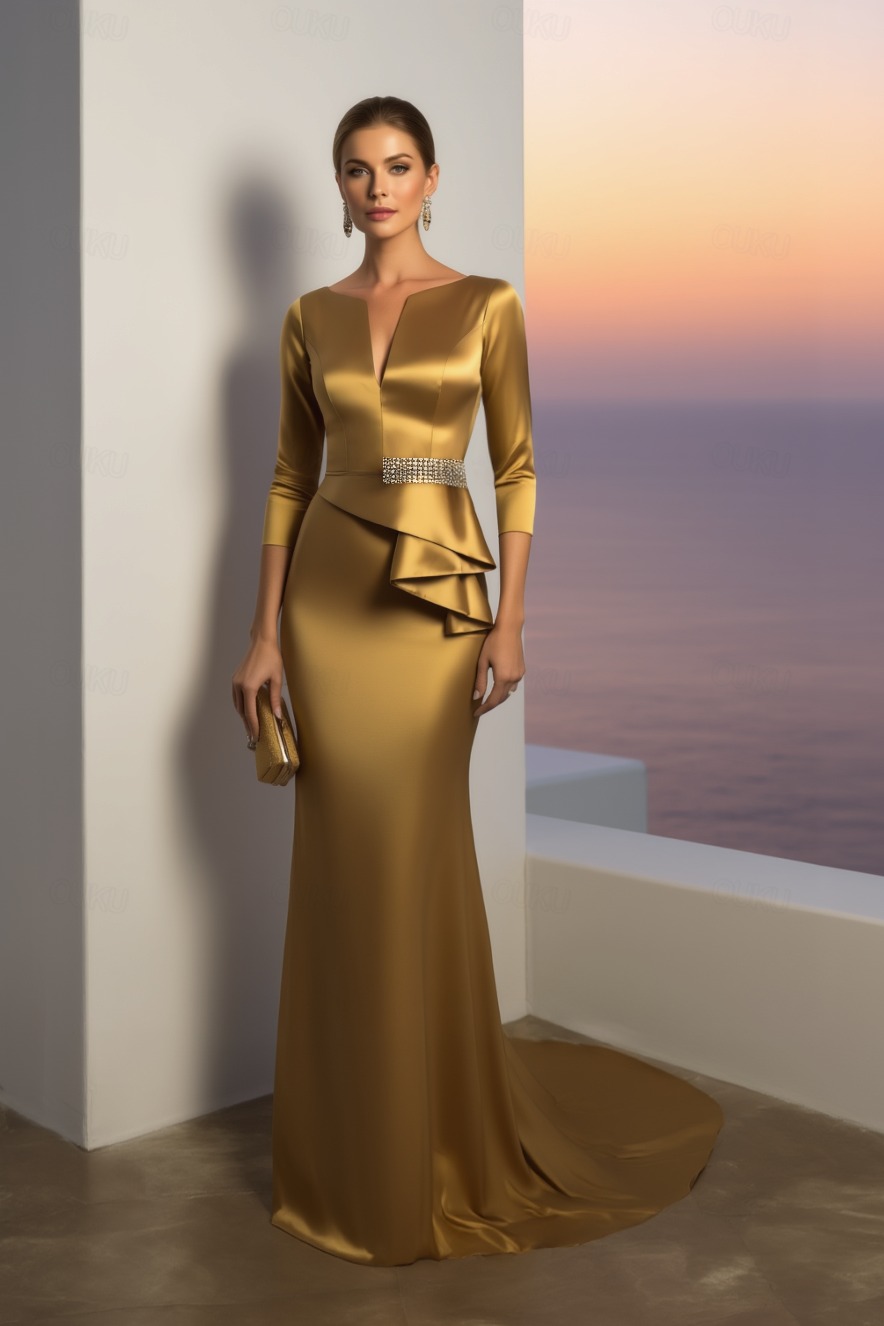 Formal ​Evening Dress Gold V Neck Maxi Satin Dress