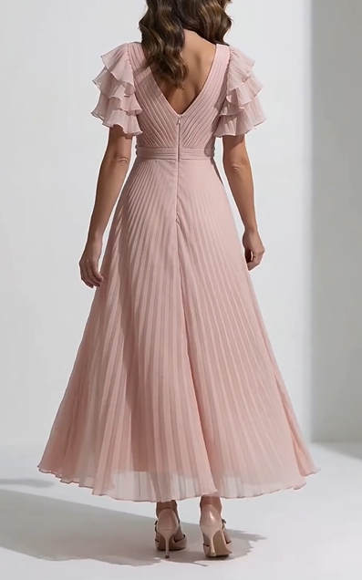 Blush V Neck Ruffled Sleeve Beaded Pleated Midi Dress