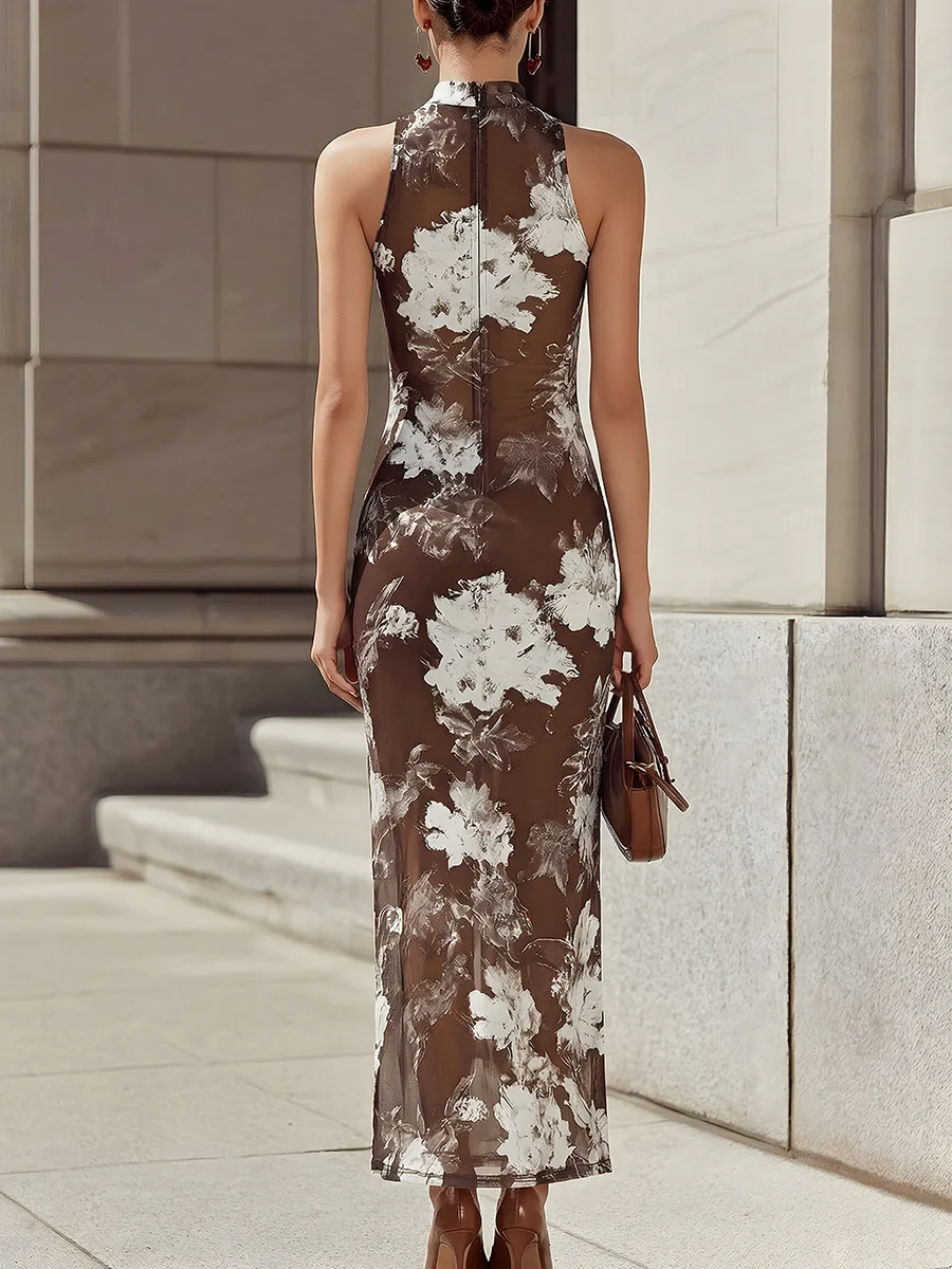 Brown Sheer Mesh High Neck Floral Print Bodycon Maxi Dress